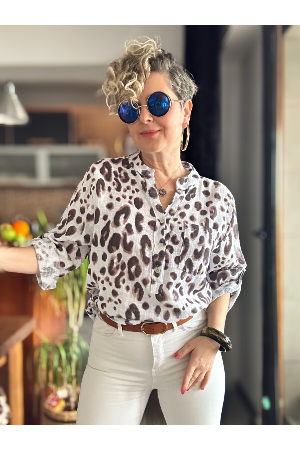 Rosella Yeni Leopar Desen İtalyan Gömlek Beyaz