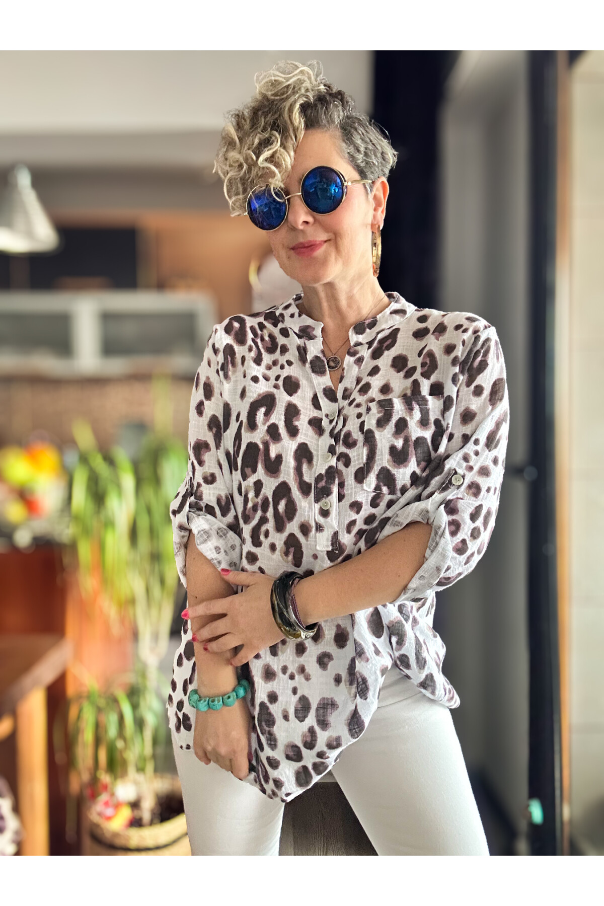 Rosella Yeni Leopar Desen İtalyan Gömlek Beyaz