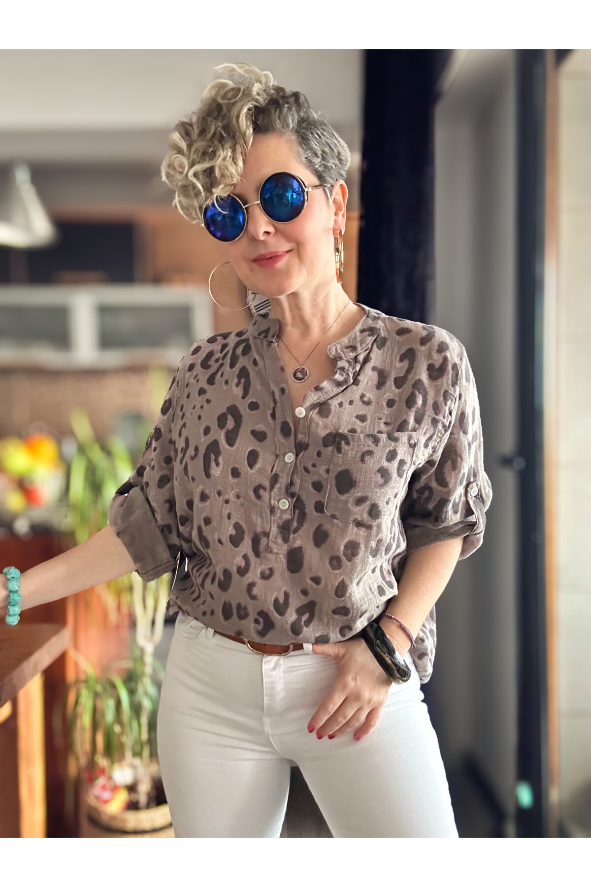 Rosella Yeni Leopar Desen İtalyan Gömlek Vizon