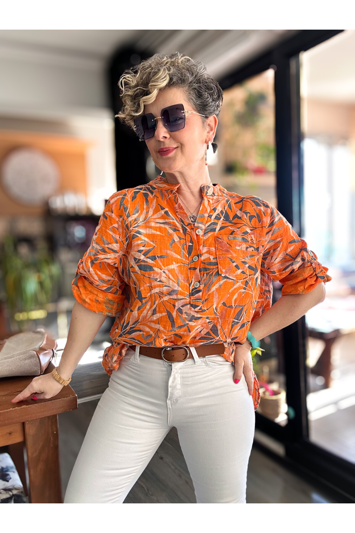 Sassa Küçük Yaprak Desen İtalyan Gömlek Orange