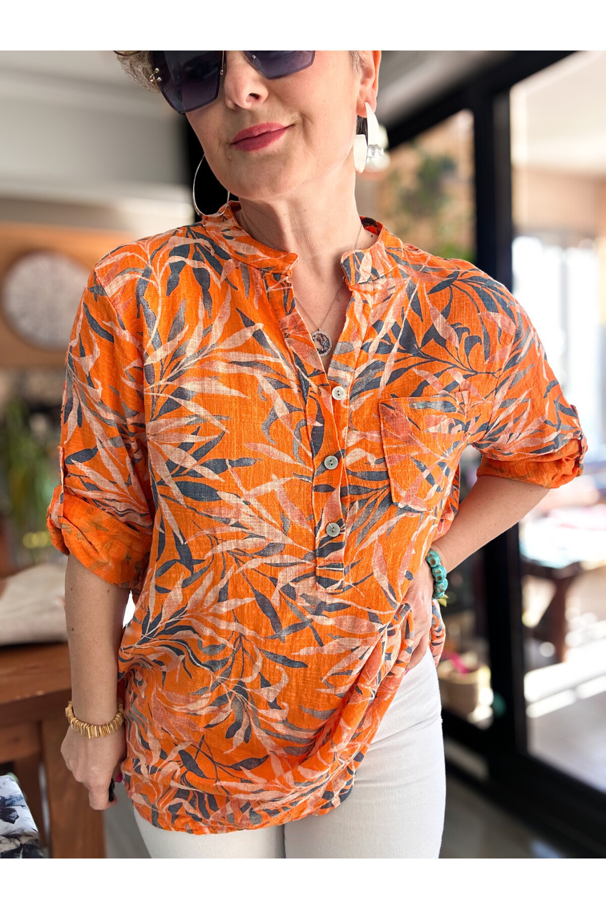 Sassa Küçük Yaprak Desen İtalyan Gömlek Orange