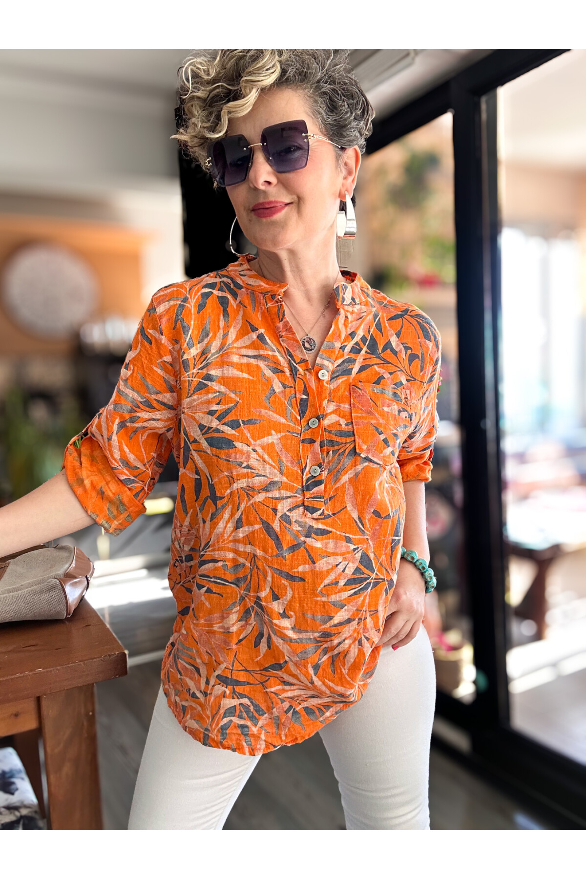 Sassa Küçük Yaprak Desen İtalyan Gömlek Orange