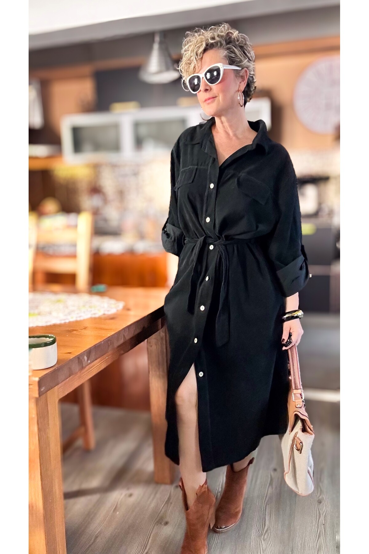 Savi İtalyan Gömlek Yaka İnce Fitil Kadife Elbise Siyah