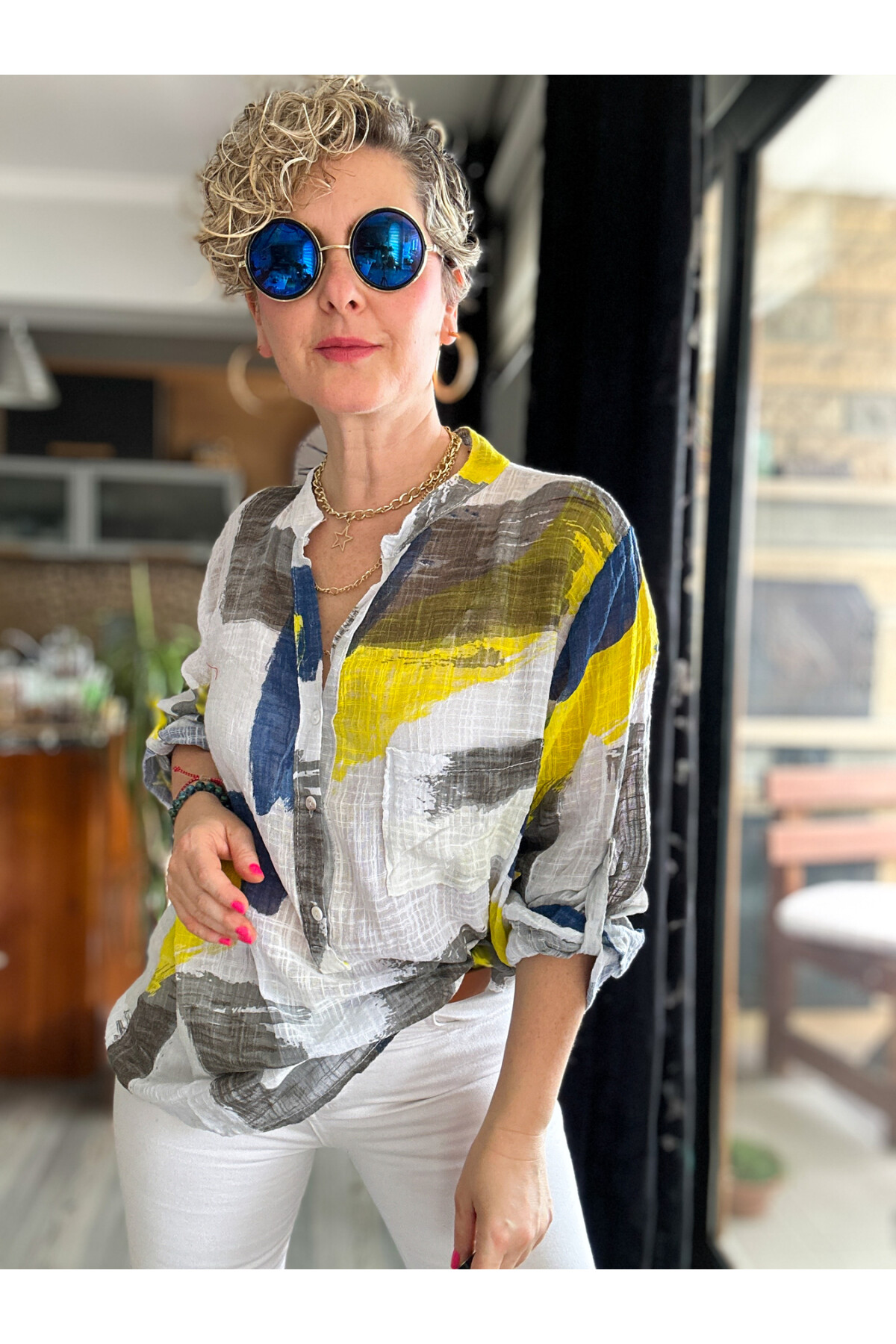 Senso Patchwork Desen İtalyan Gömlek Beyaz