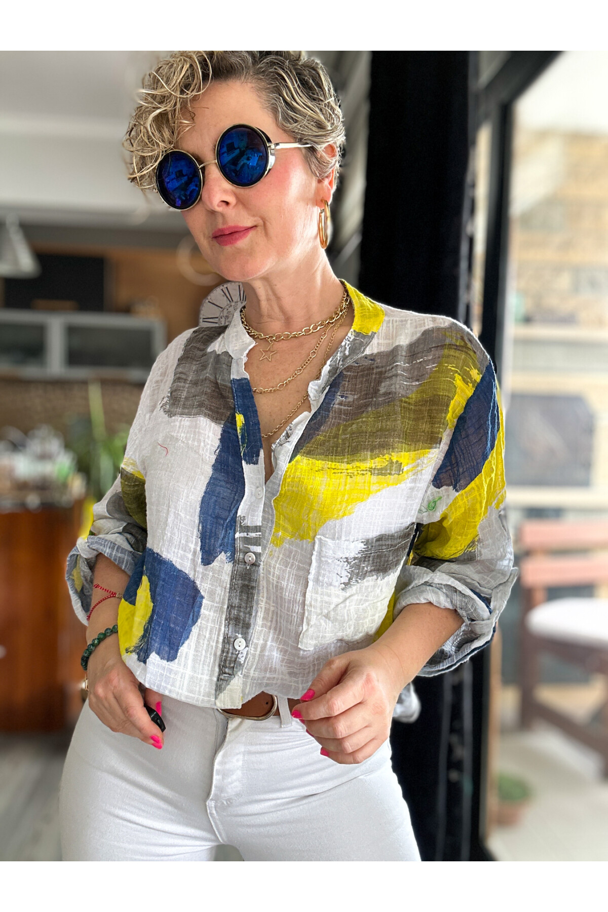 Senso Patchwork Desen İtalyan Gömlek Beyaz