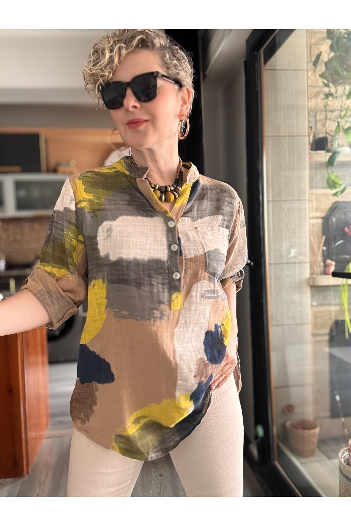Senso Patchwork Desen İtalyan Gömlek Cappucino