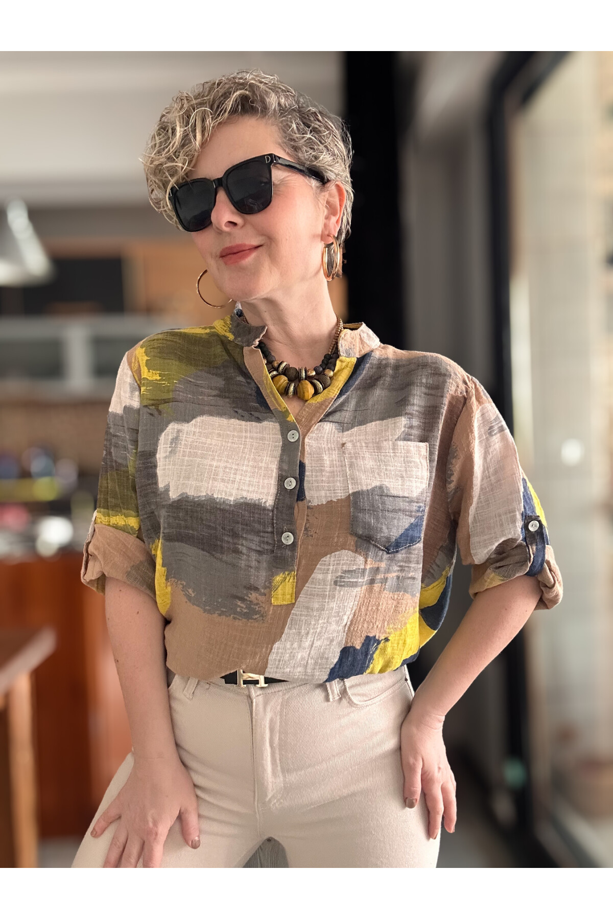 Senso Patchwork Desen İtalyan Gömlek Cappucino