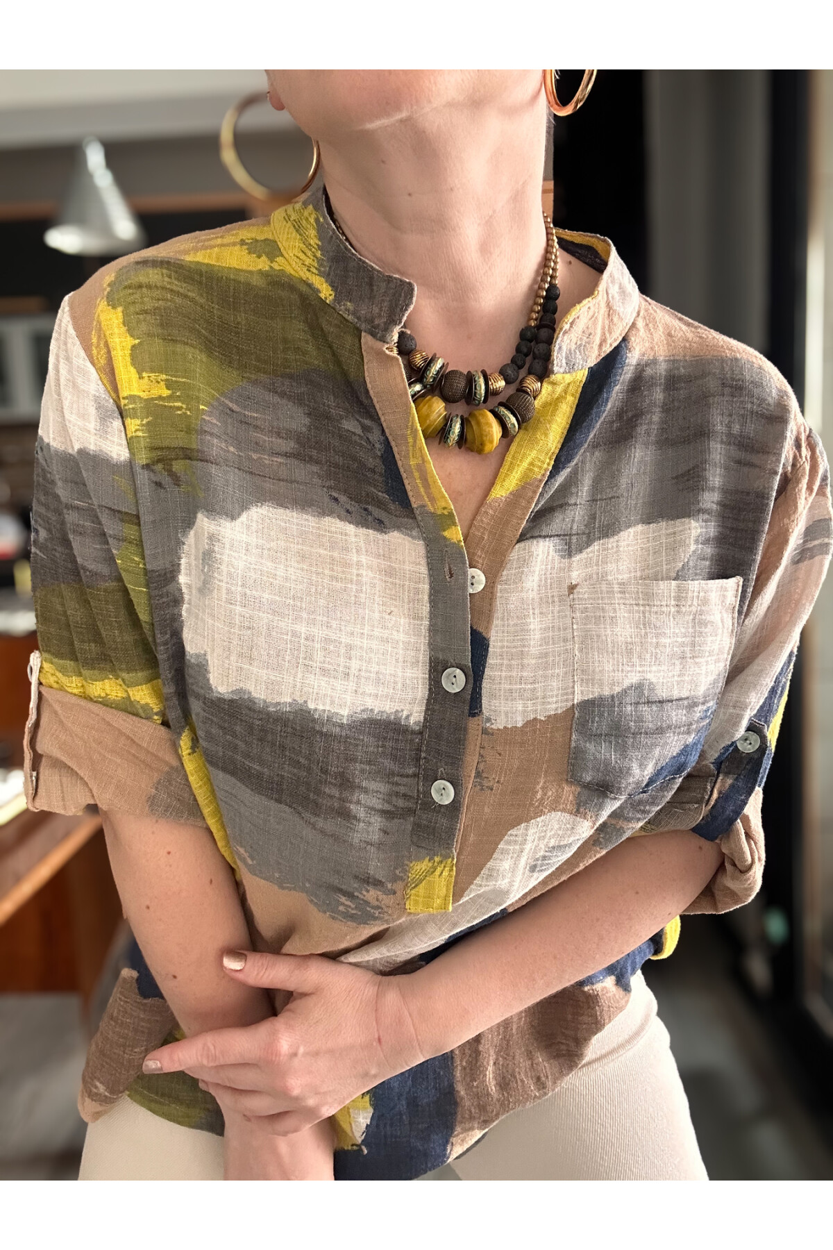 Senso Patchwork Desen İtalyan Gömlek Cappucino