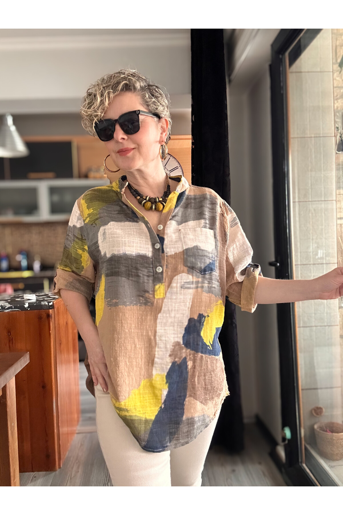 Senso Patchwork Desen İtalyan Gömlek Cappucino