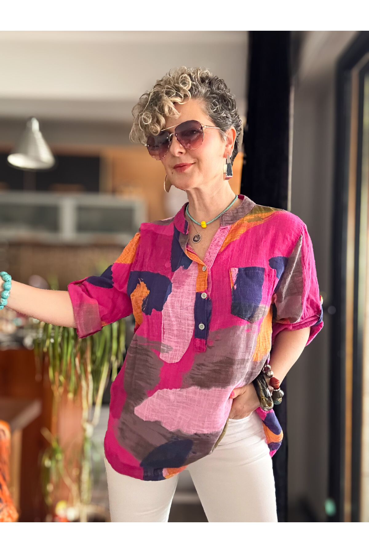 Senso Patchwork Desen İtalyan Gömlek Fuşya