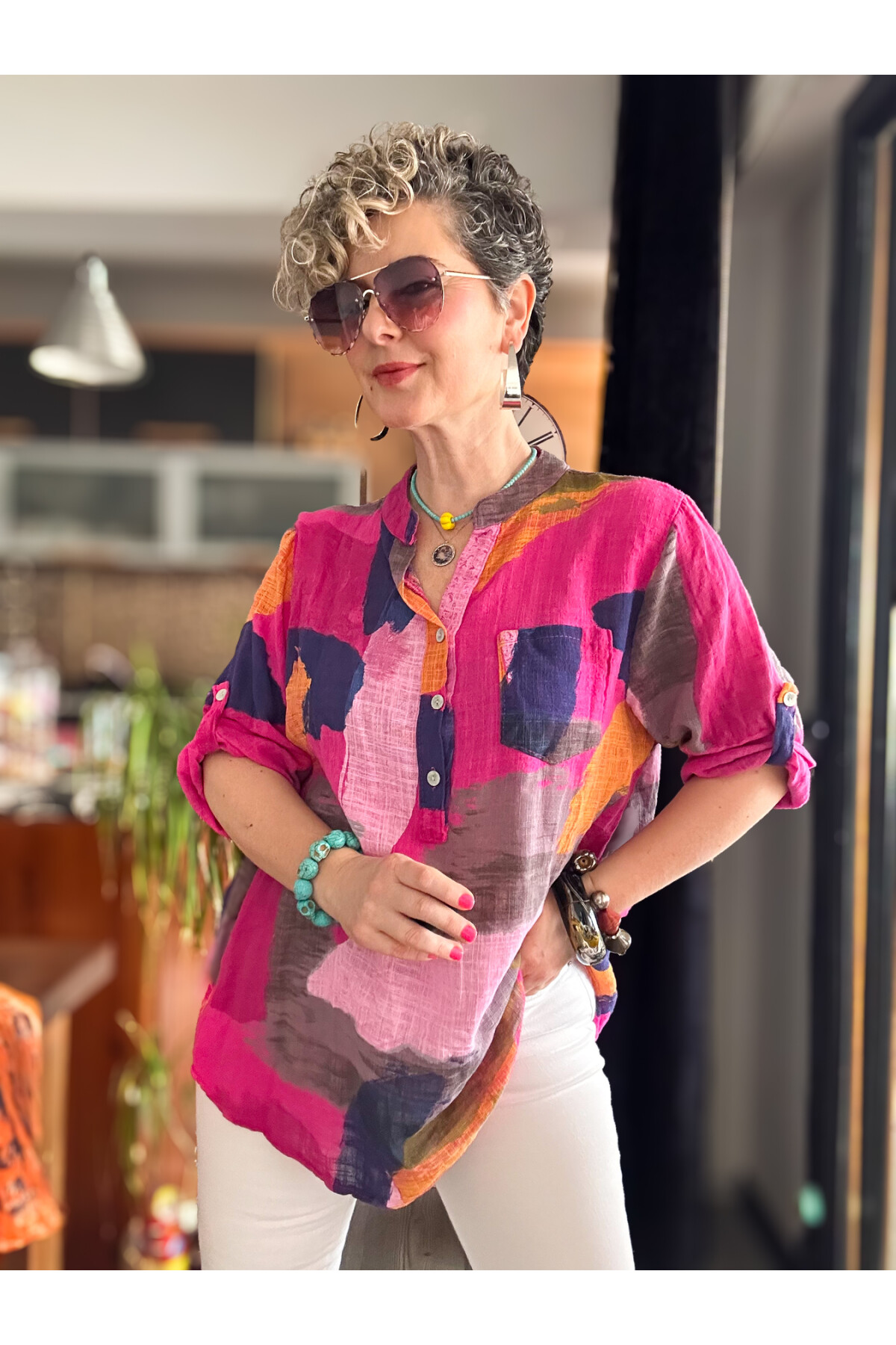 Senso Patchwork Desen İtalyan Gömlek Fuşya