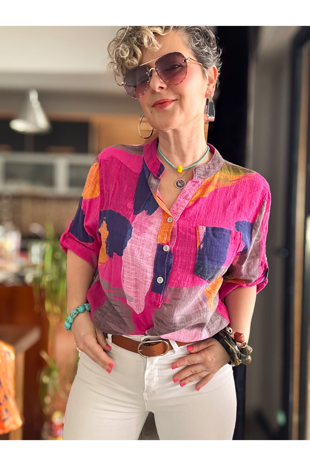 Senso Patchwork Desen İtalyan Gömlek Fuşya