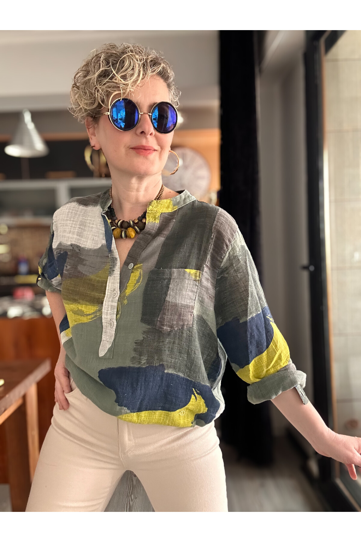 Senso Patchwork Desen İtalyan Gömlek Haki