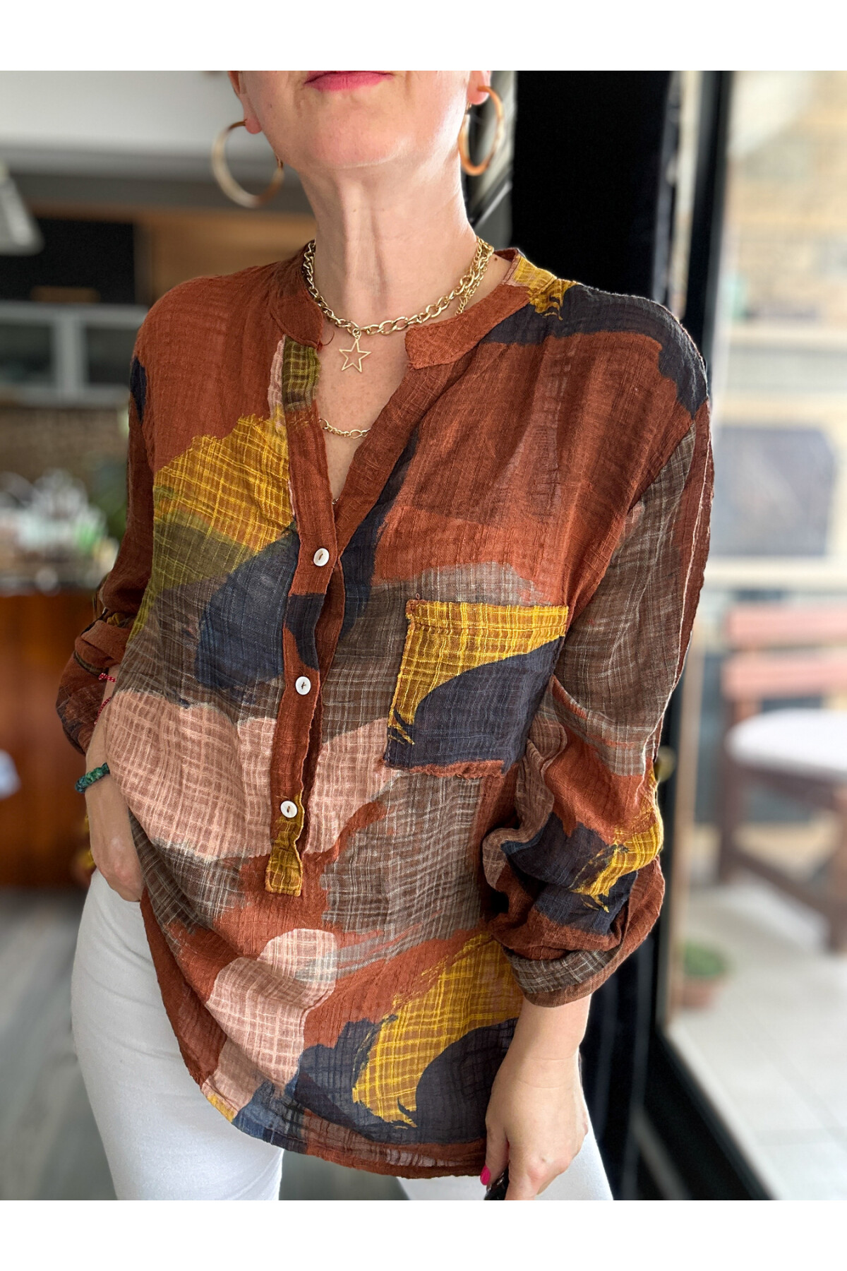 Senso Patchwork Desen İtalyan Gömlek Kahve