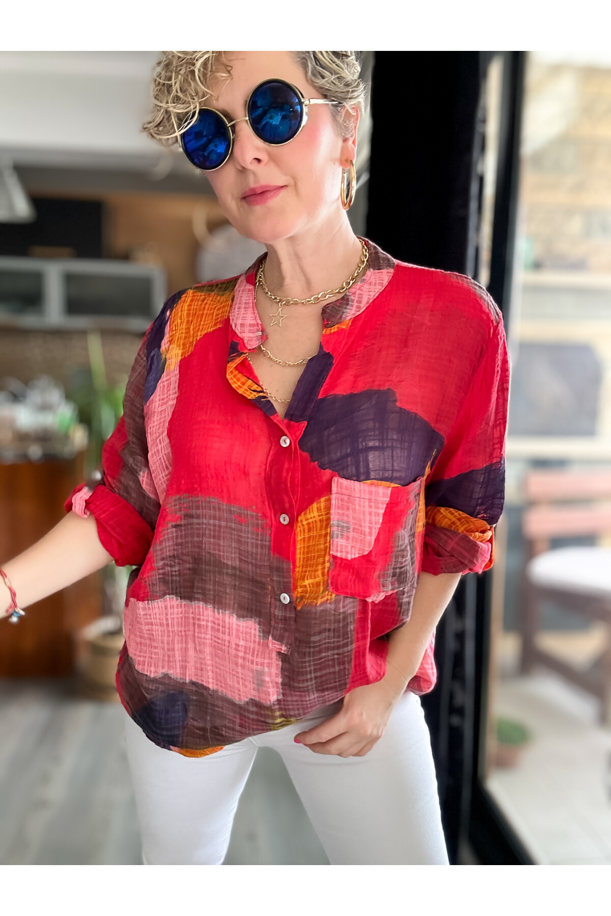 Senso Patchwork Desen İtalyan Gömlek Kırmızı