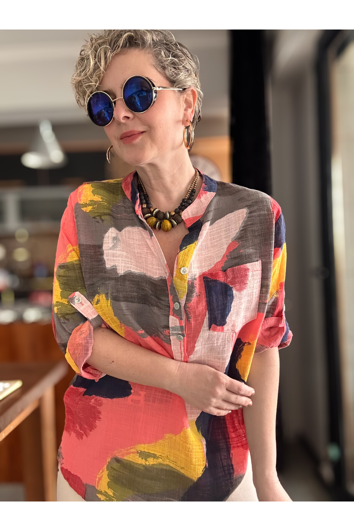 Senso Patchwork Desen İtalyan Gömlek Mercan