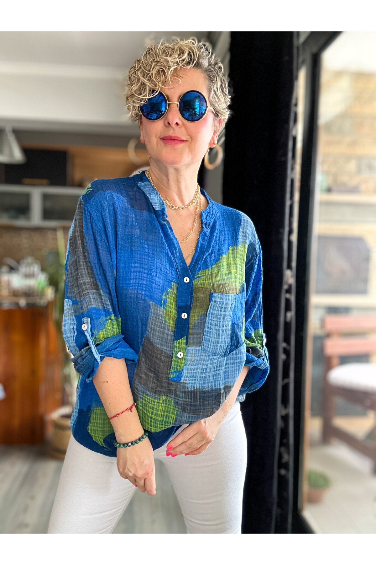 Senso Patchwork Desen İtalyan Gömlek Saks