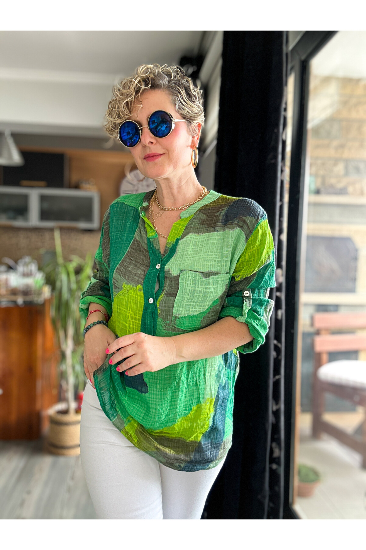 Senso Patchwork Desen İtalyan Gömlek Yeşil