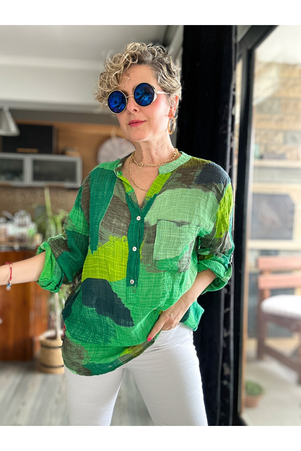 Senso Patchwork Desen İtalyan Gömlek Yeşil