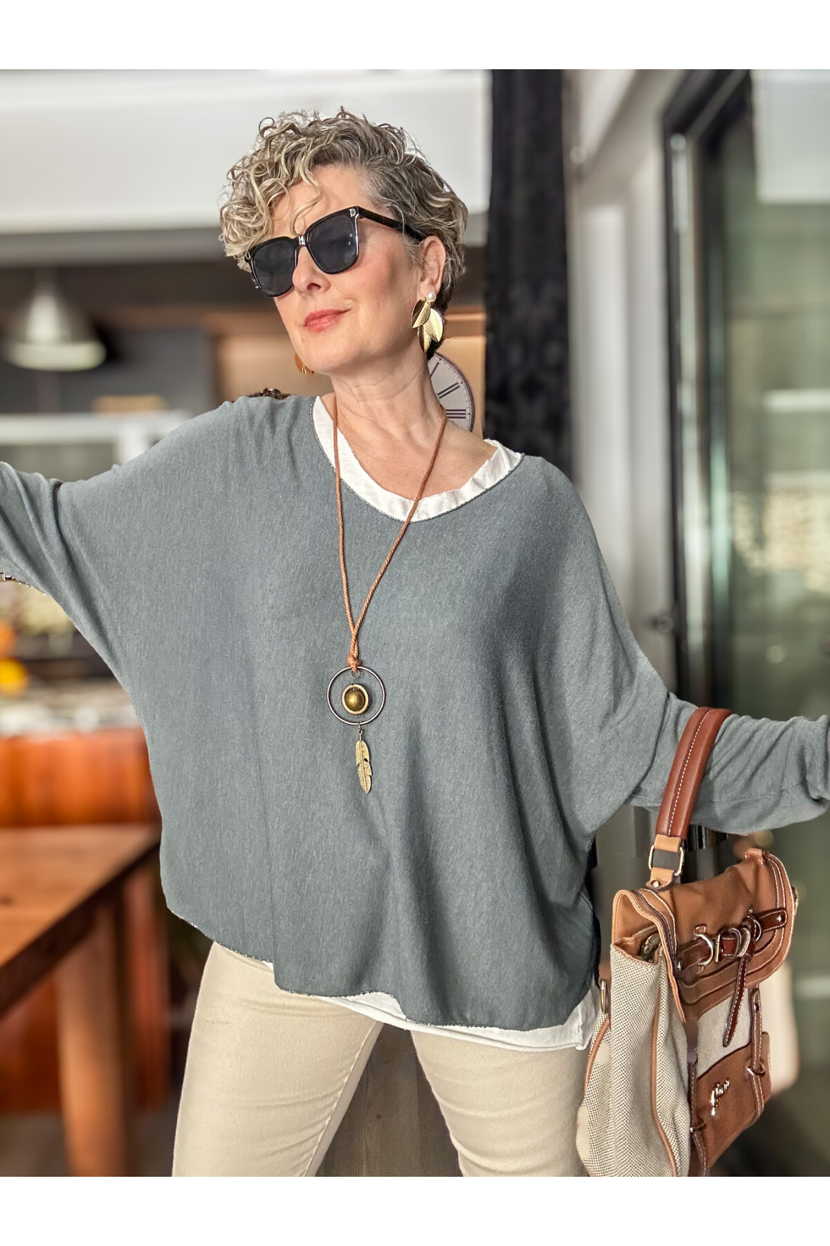 Sista Kolye Detay İtalyan Triko Bluz Grey