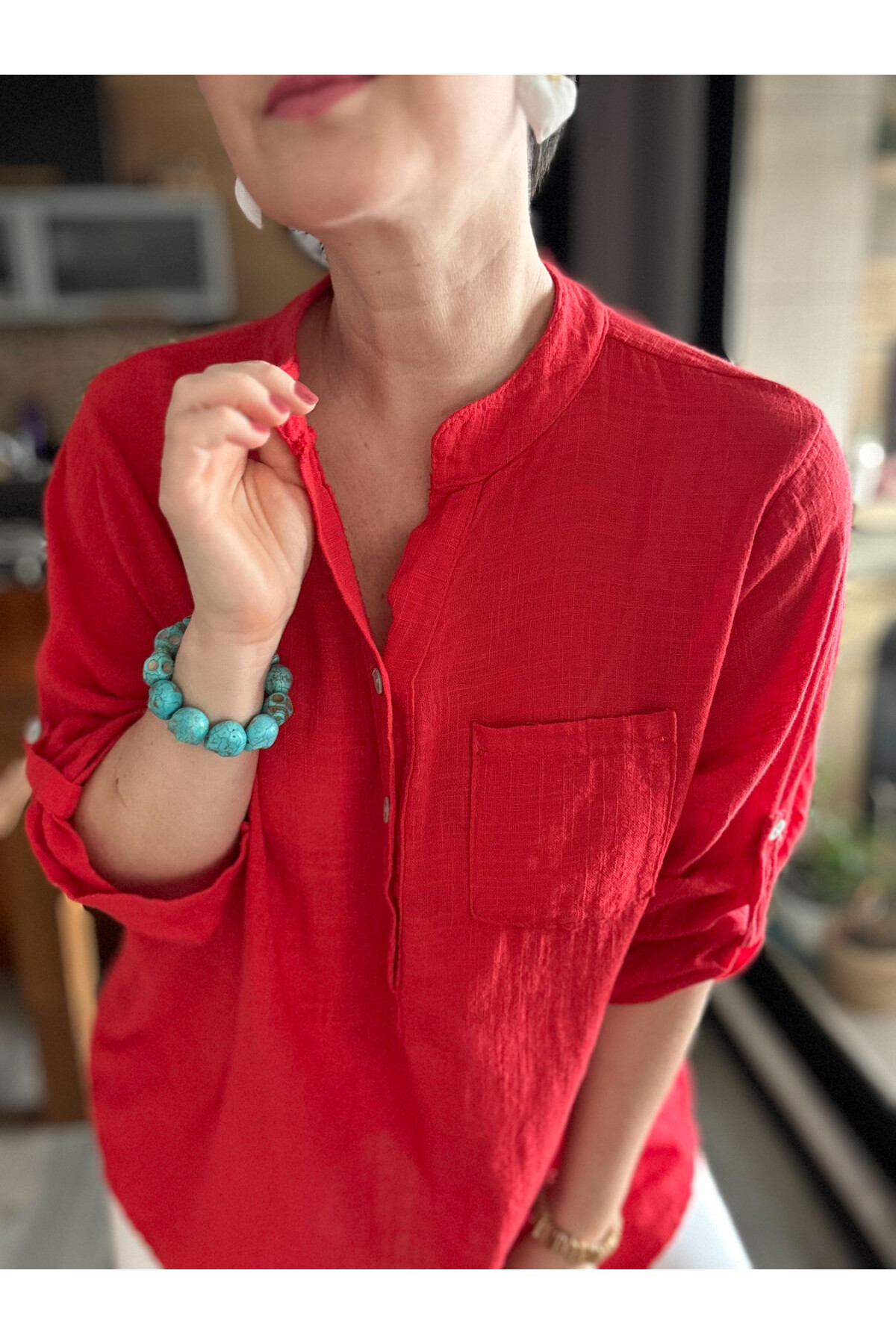 Testa İtalyan Tek Cep Gömlek Nar Çiçeği