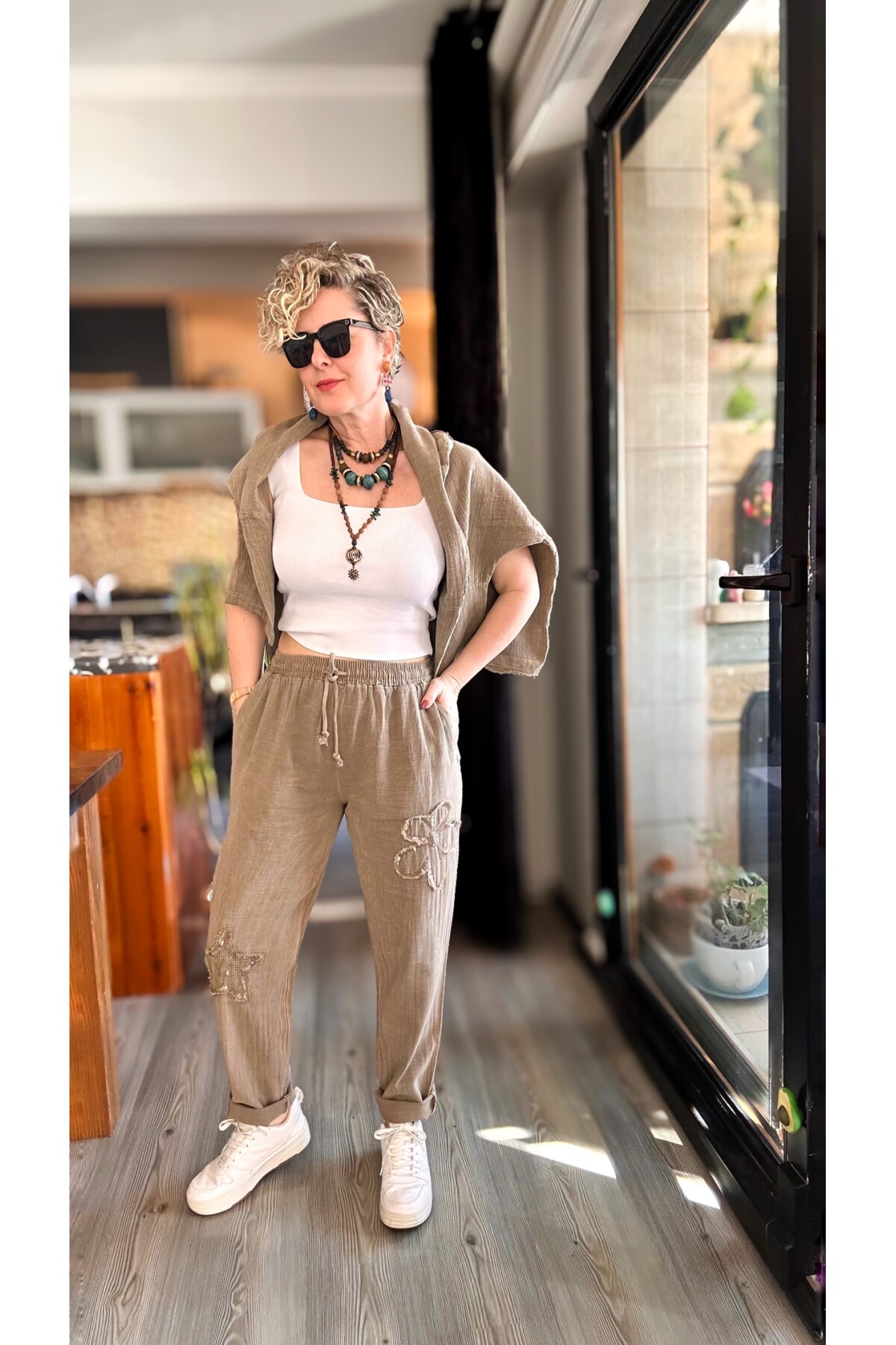 Tuppe Tasarım Papatya Pul Pantolon Vizon