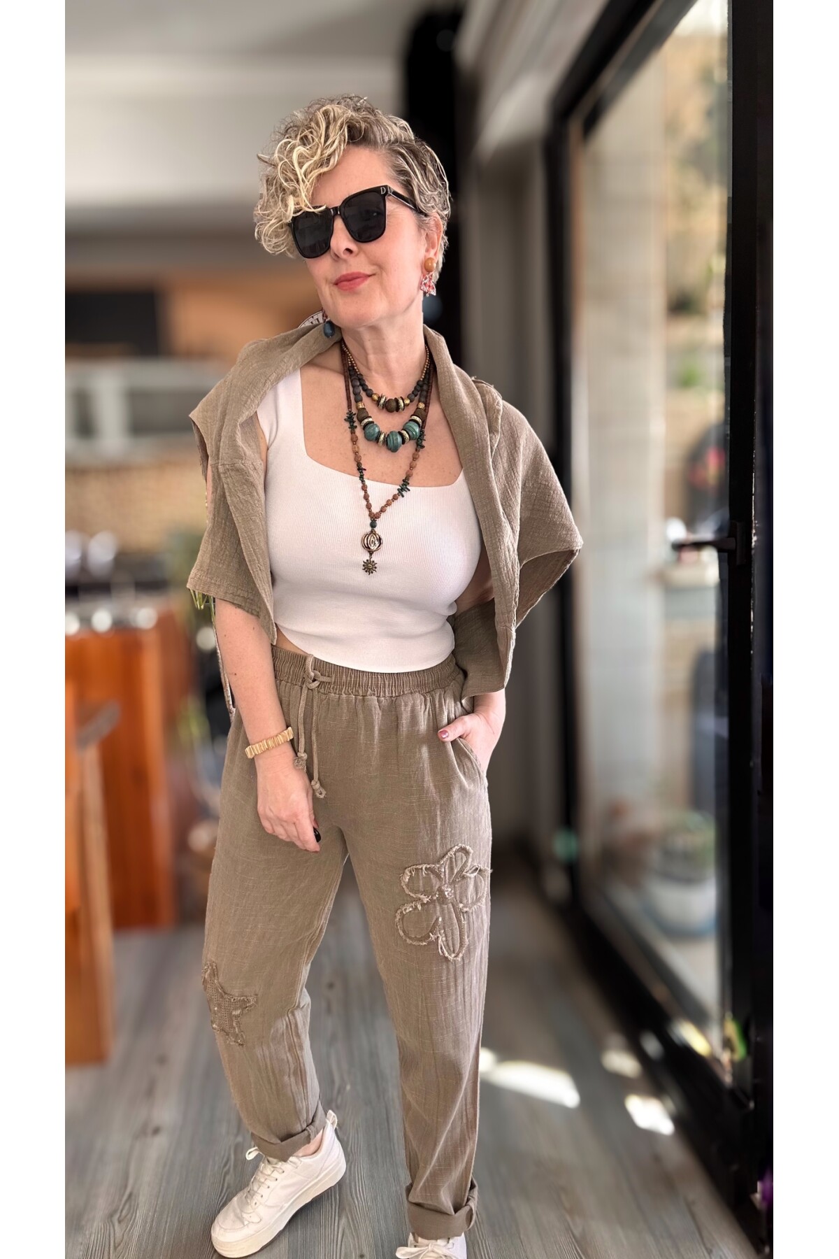 Tuppe Tasarım Papatya Pul Pantolon Vizon