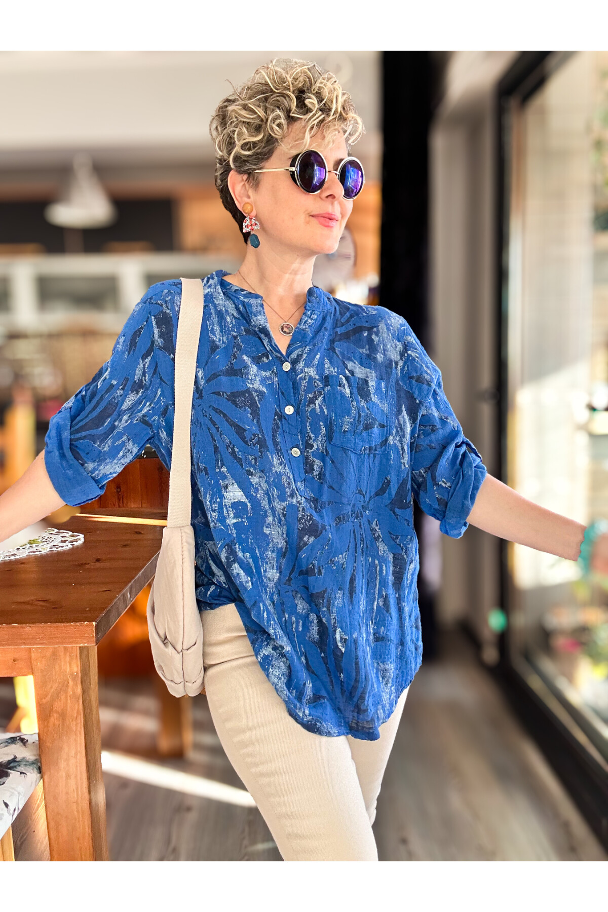 Uva Spiral Desen İtalyan Gömlek Sax Mavi