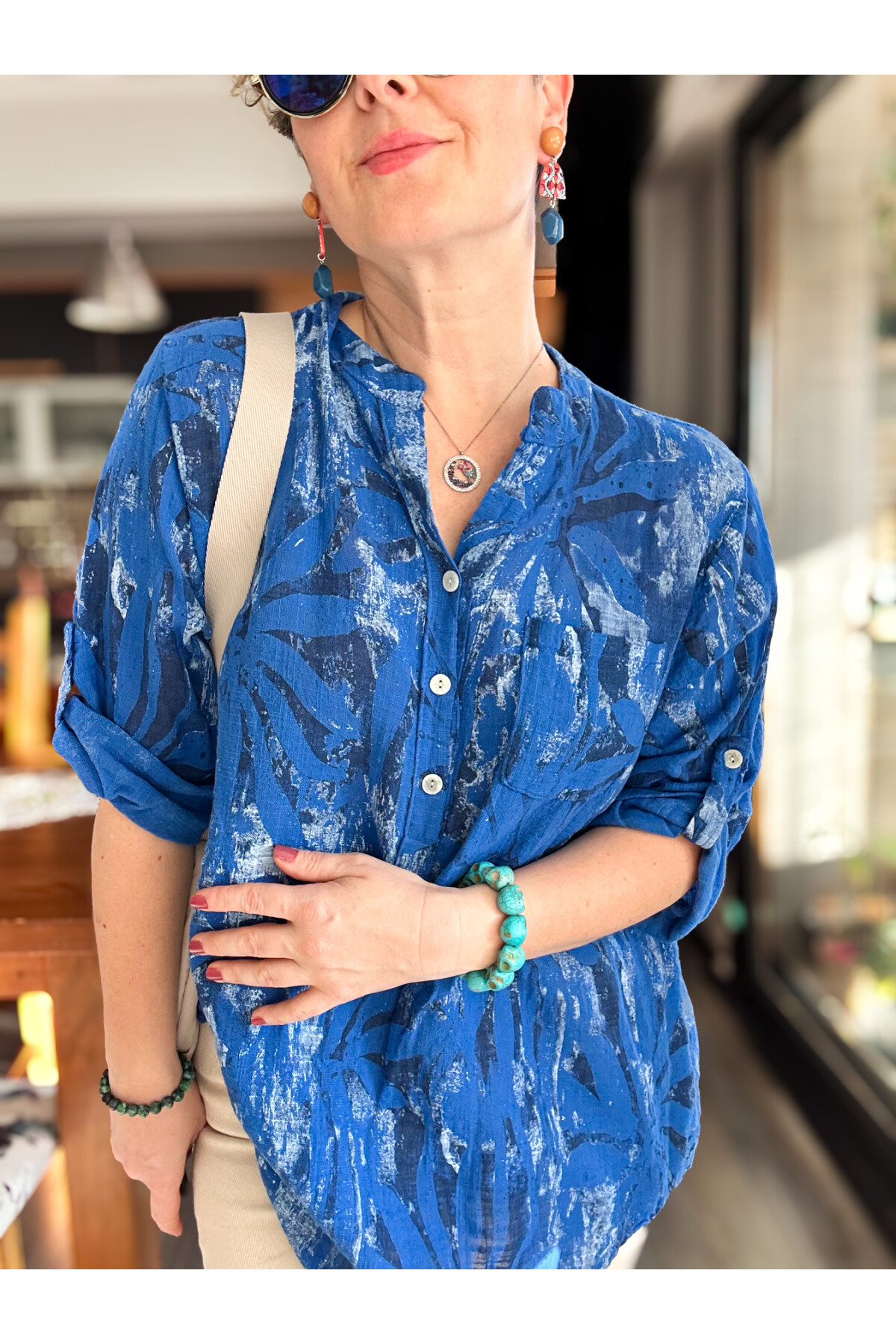 Uva Spiral Desen İtalyan Gömlek Sax Mavi