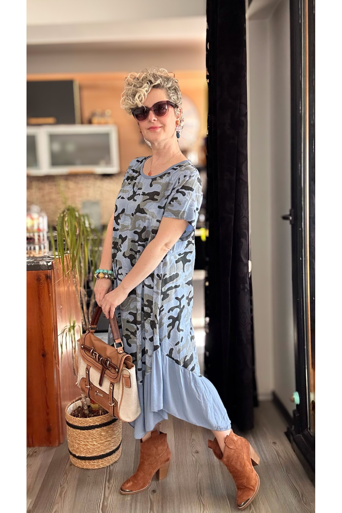 Vicci İtalyan Kamuflaj Desen Elbise Jeans Mavi