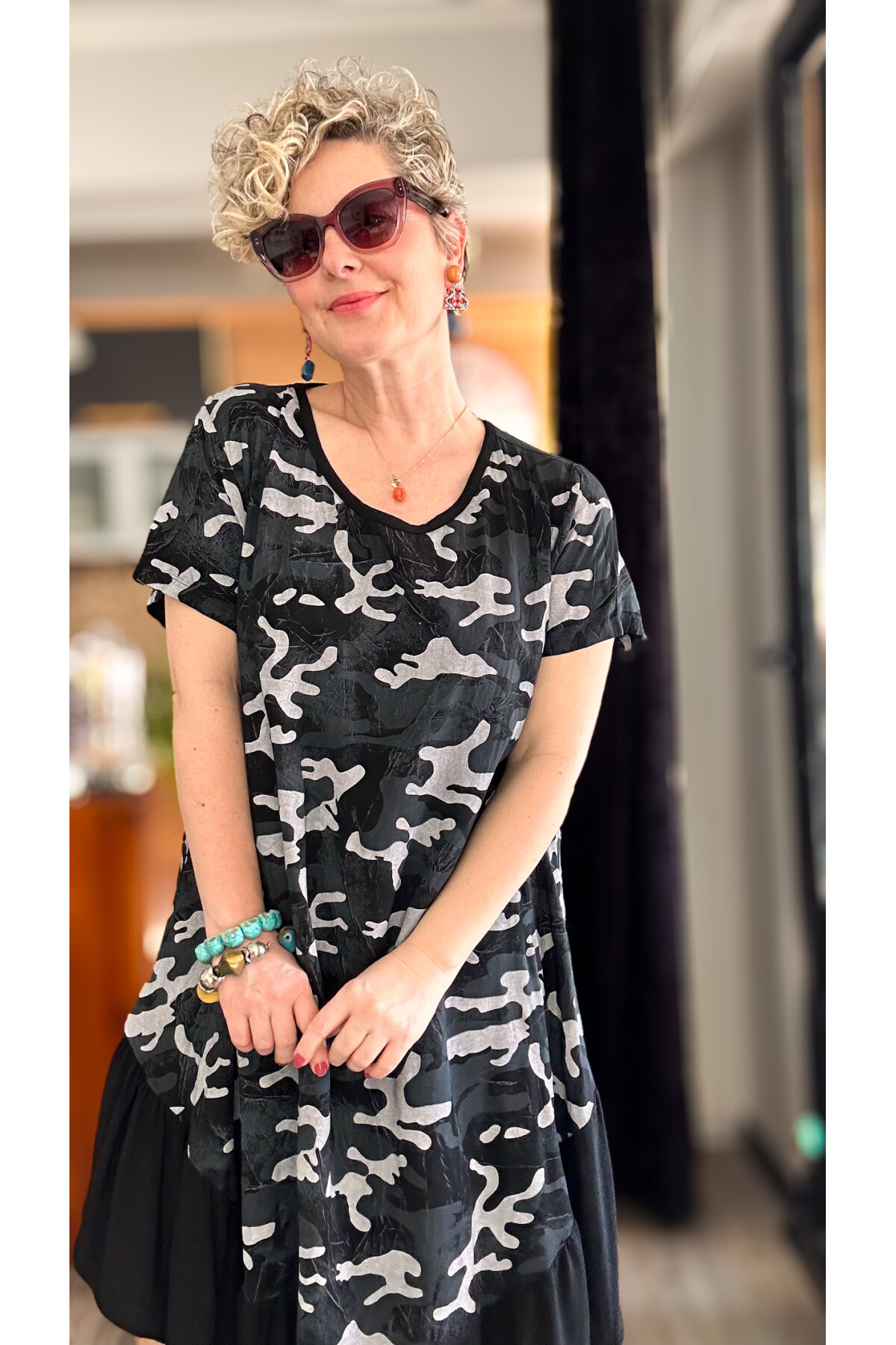 Vicci İtalyan Kamuflaj Desen Elbise Siyah