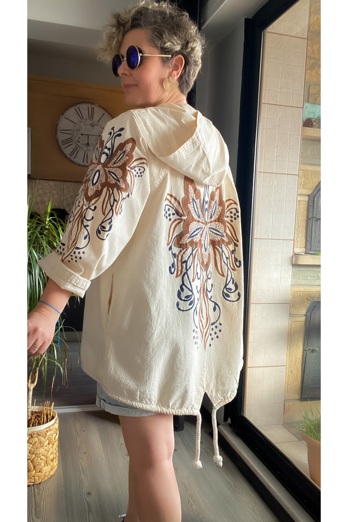 Voxi Sırt Ve Kol Baskı Detaylı  Kapşonlu Hırka Ceket