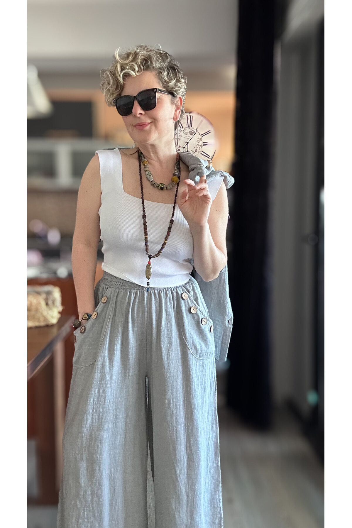 Zizzi Cep Düğme Detay Pantolon Açık Gri