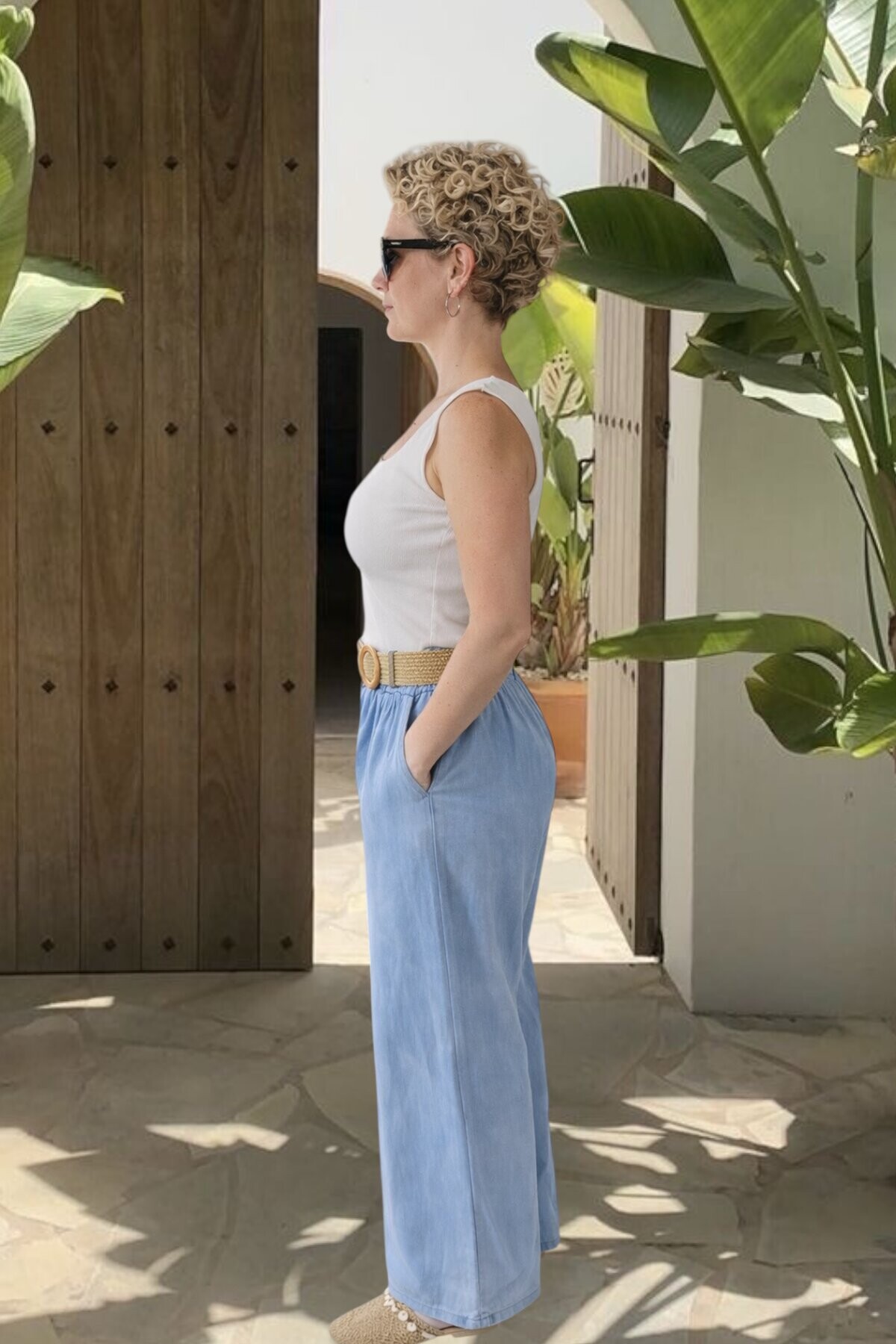 Amalfi Hasır Kemer Detay Palazzo  İndigo Tencel Pantolon