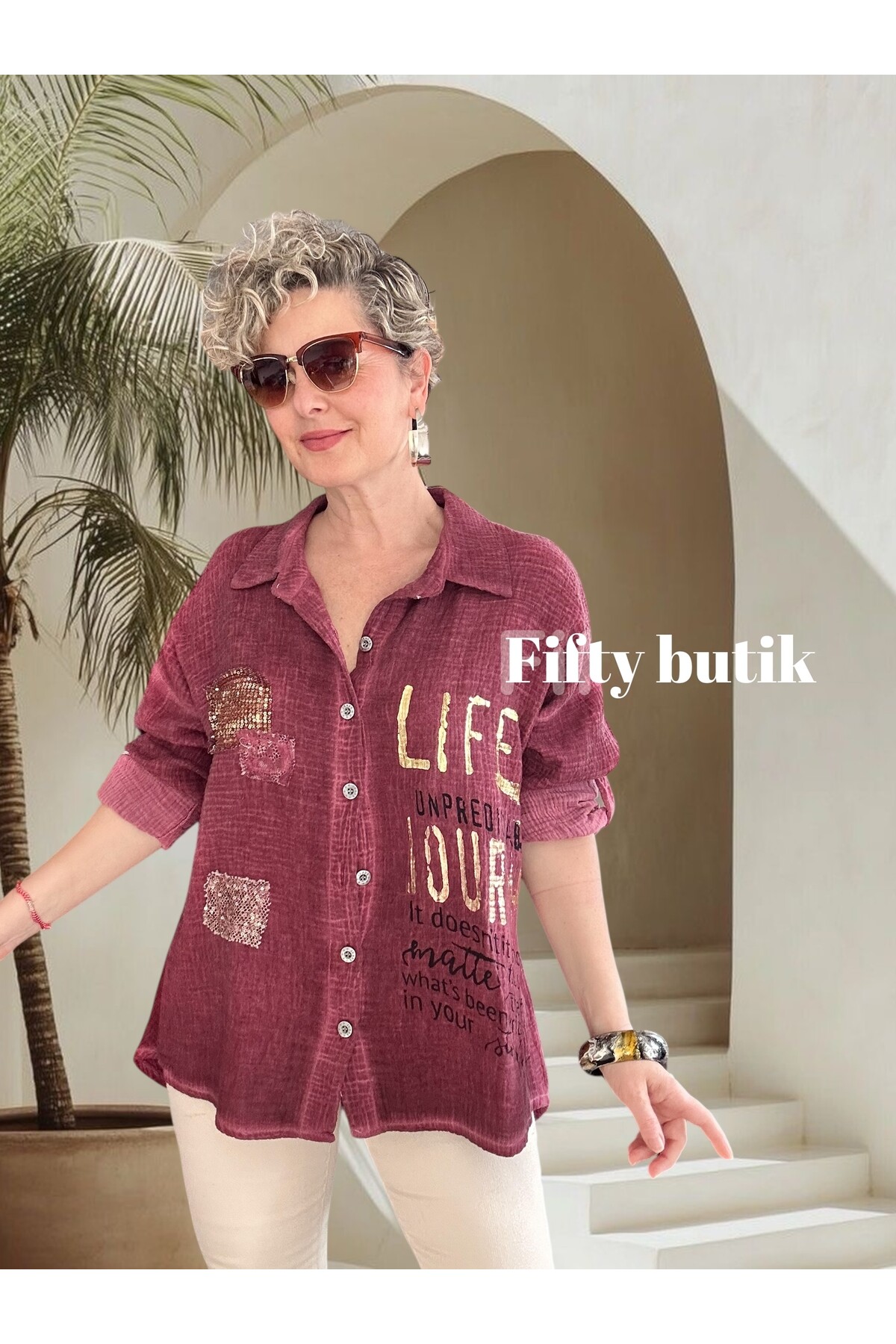 Anci İtalyan Pul Detaylı Gömlek Bordo