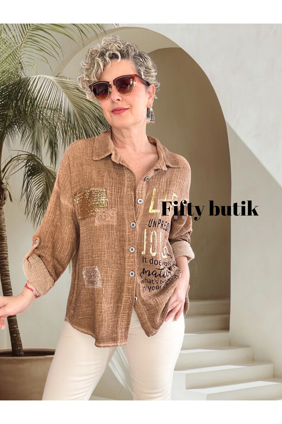 Anci İtalyan Pul Detaylı Gömlek Camel