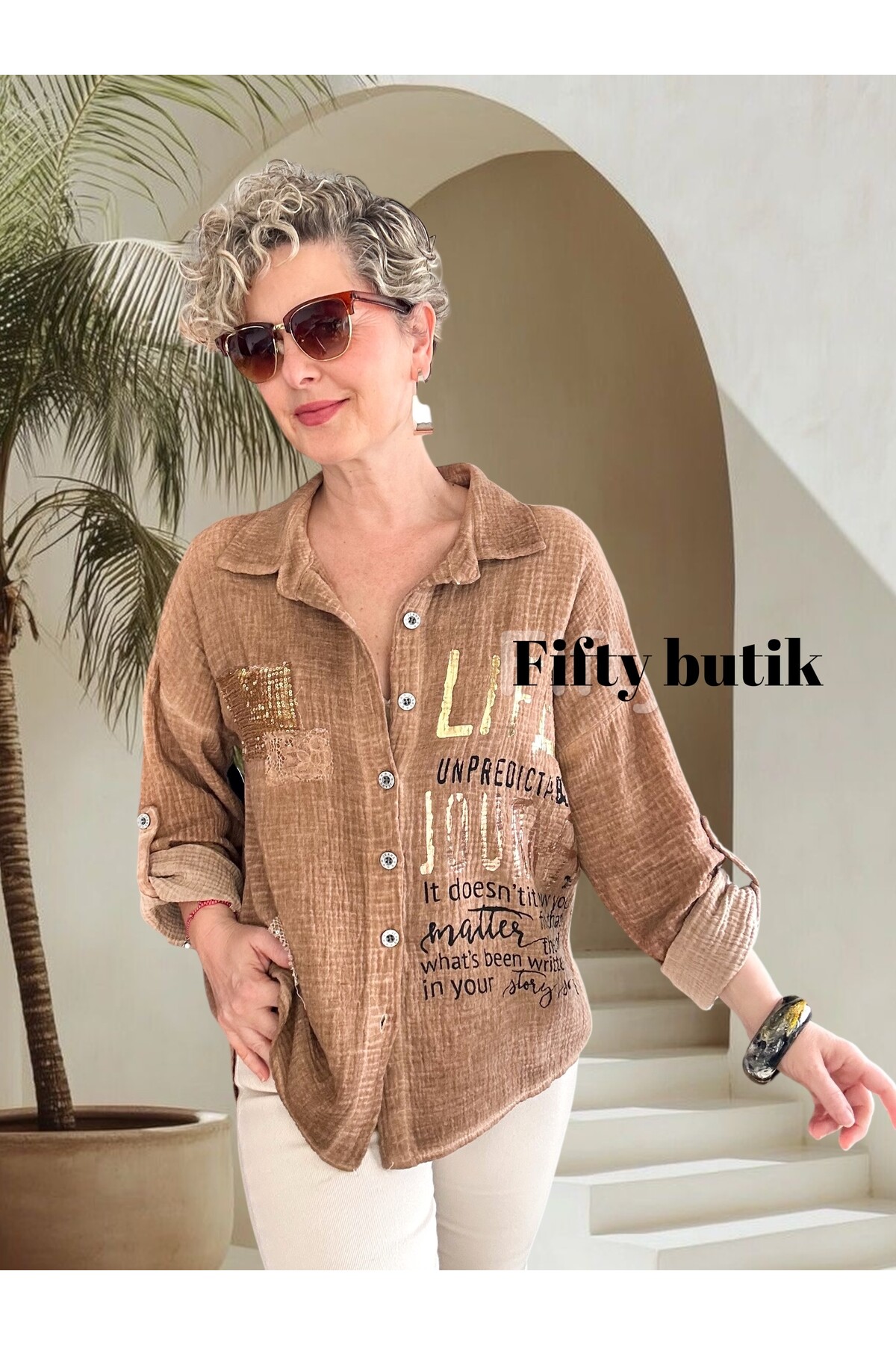 Anci İtalyan Pul Detaylı Gömlek Camel