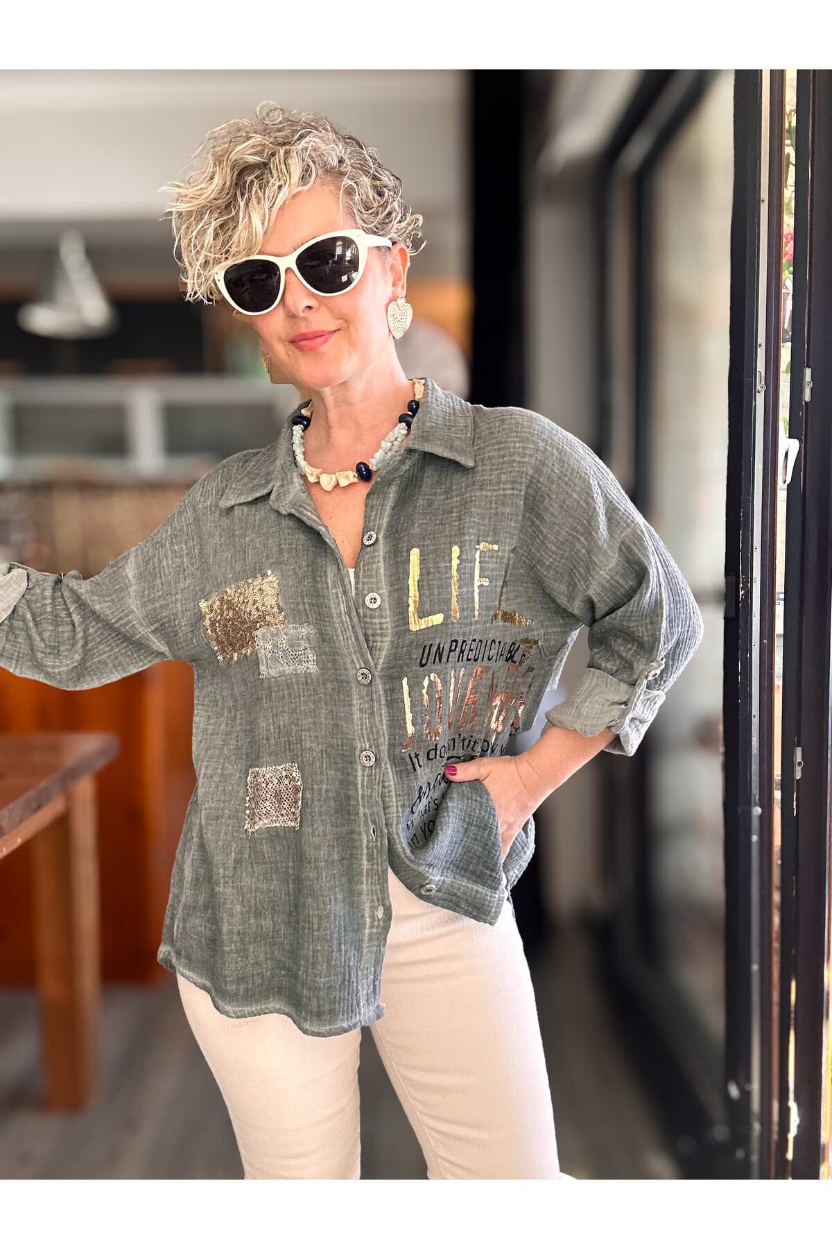 Anci İtalyan Pul Detaylı Gömlek Haki Yeşil