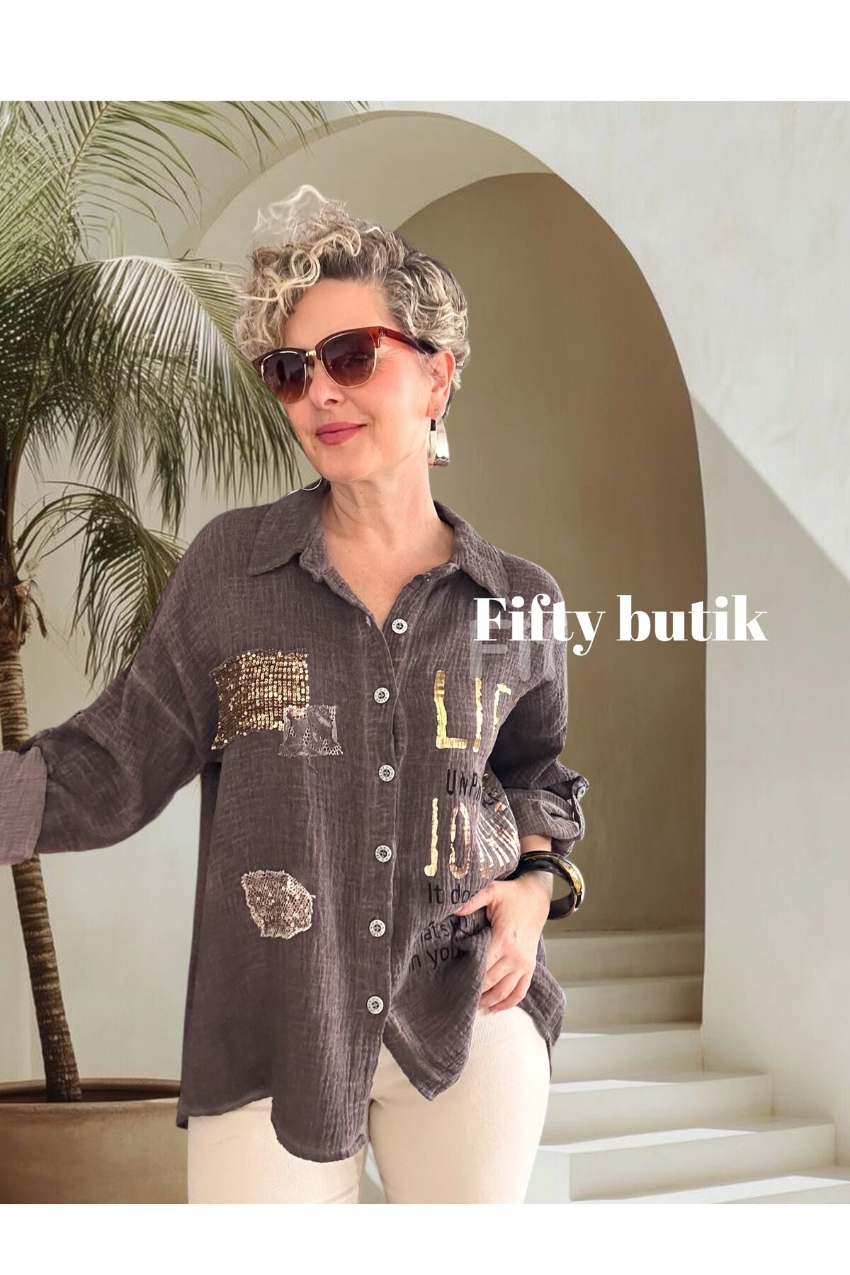 Anci İtalyan Pul Detaylı Gömlek Kahverengi