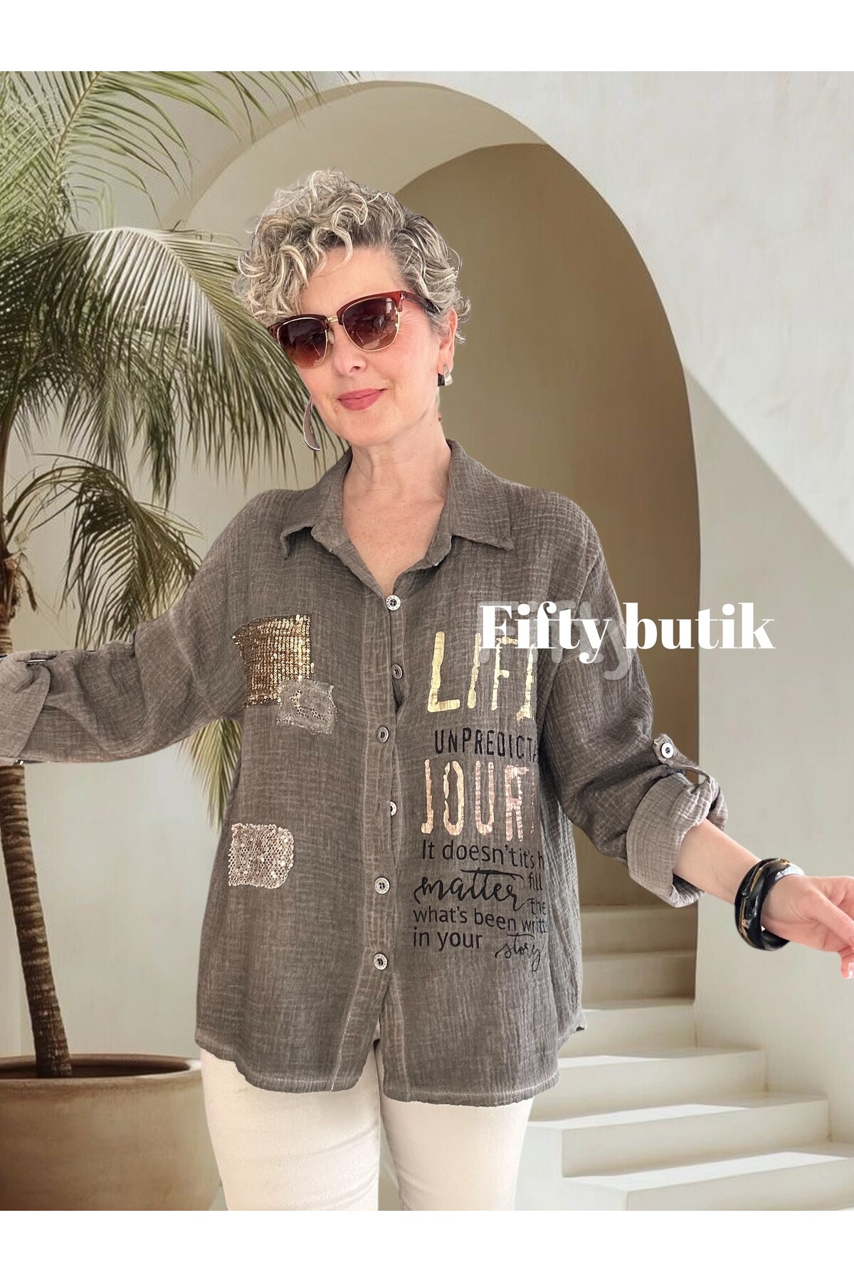 Anci İtalyan Pul Detaylı Gömlek Vizon