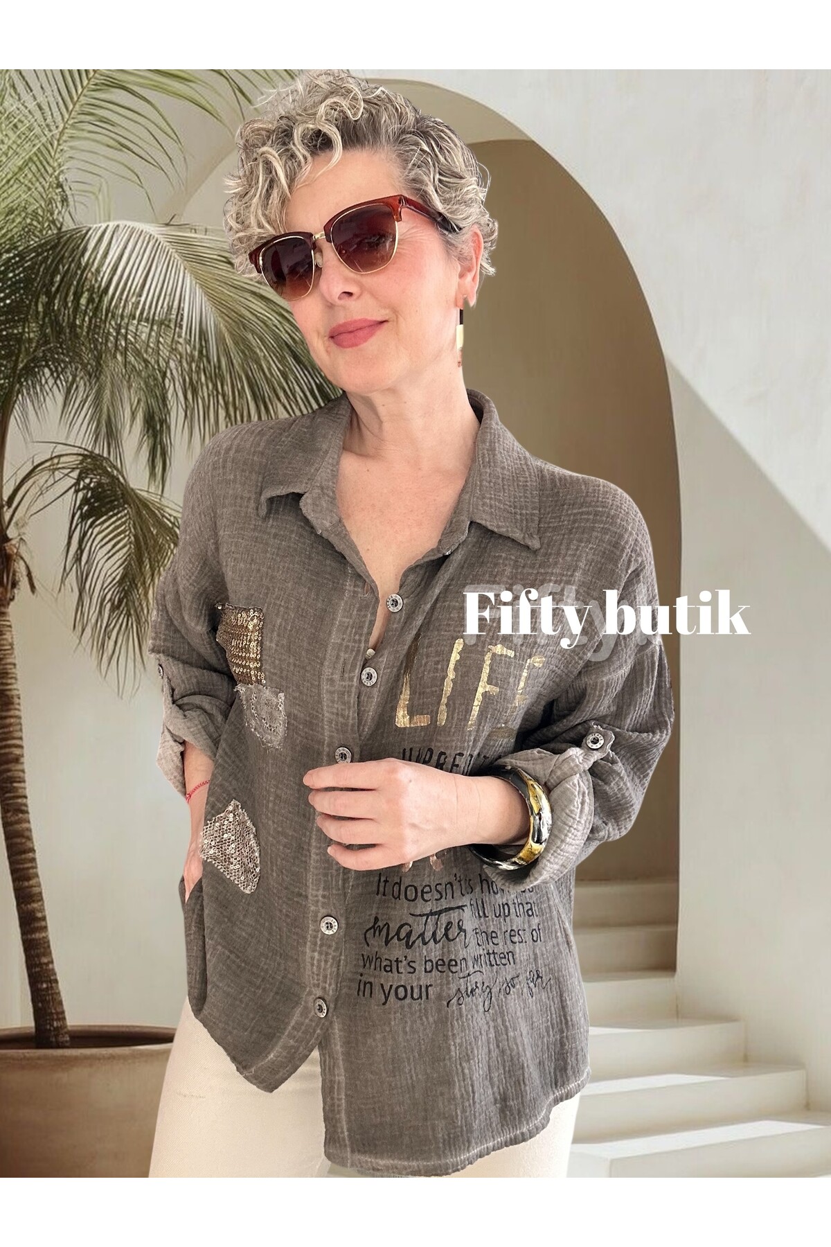 Anci İtalyan Pul Detaylı Gömlek Vizon