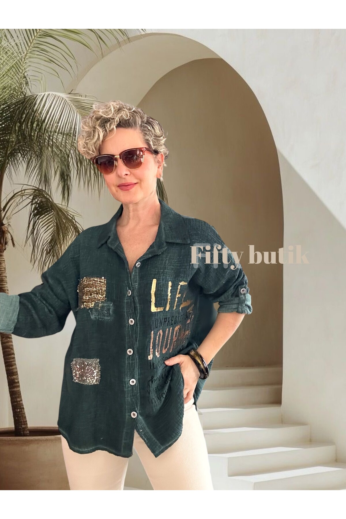 Anci İtalyan Pul Detaylı Gömlek Zümrüt