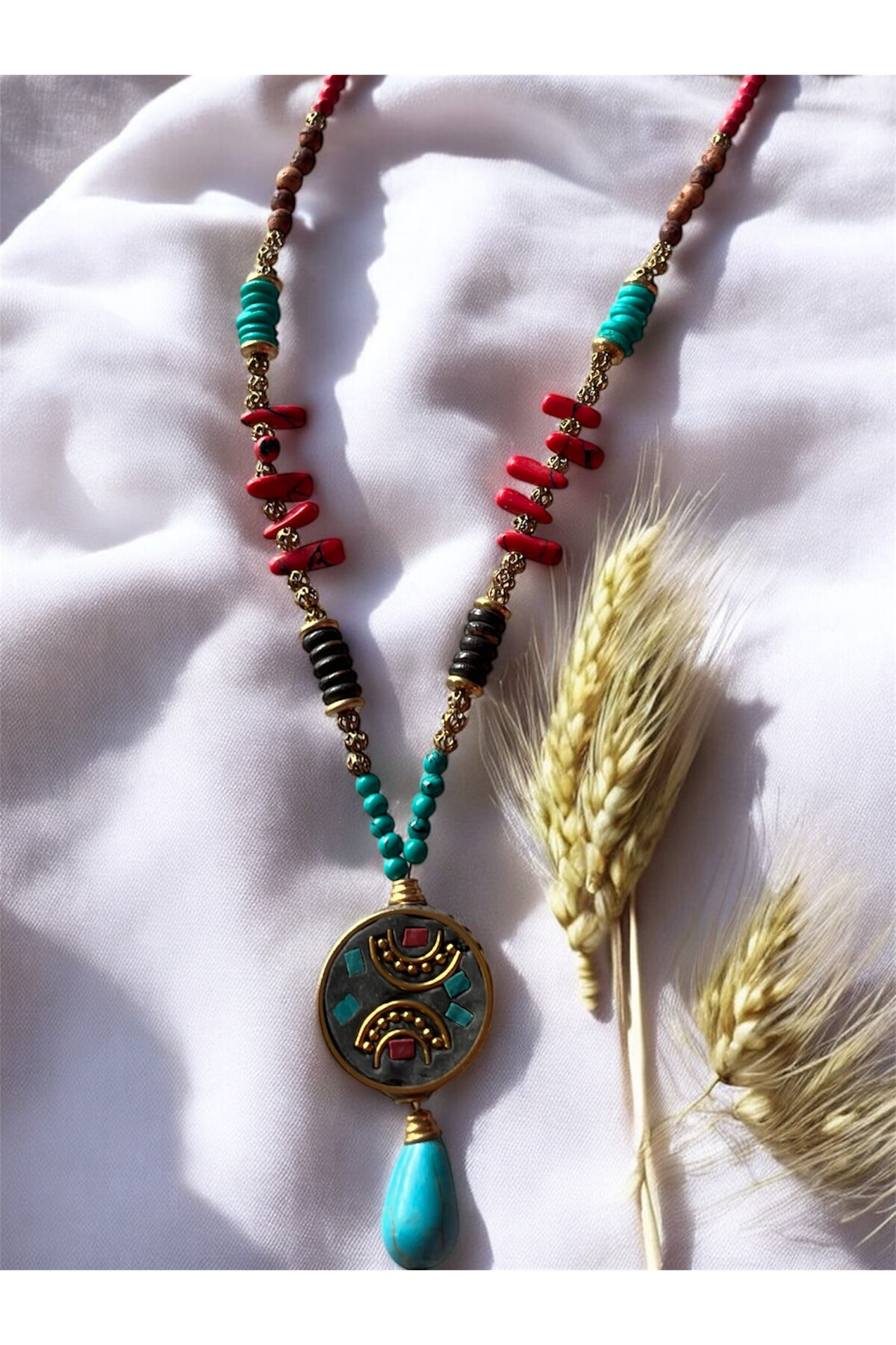 Asuw Doğal Taş Pirinç Cam Etnik Kolye