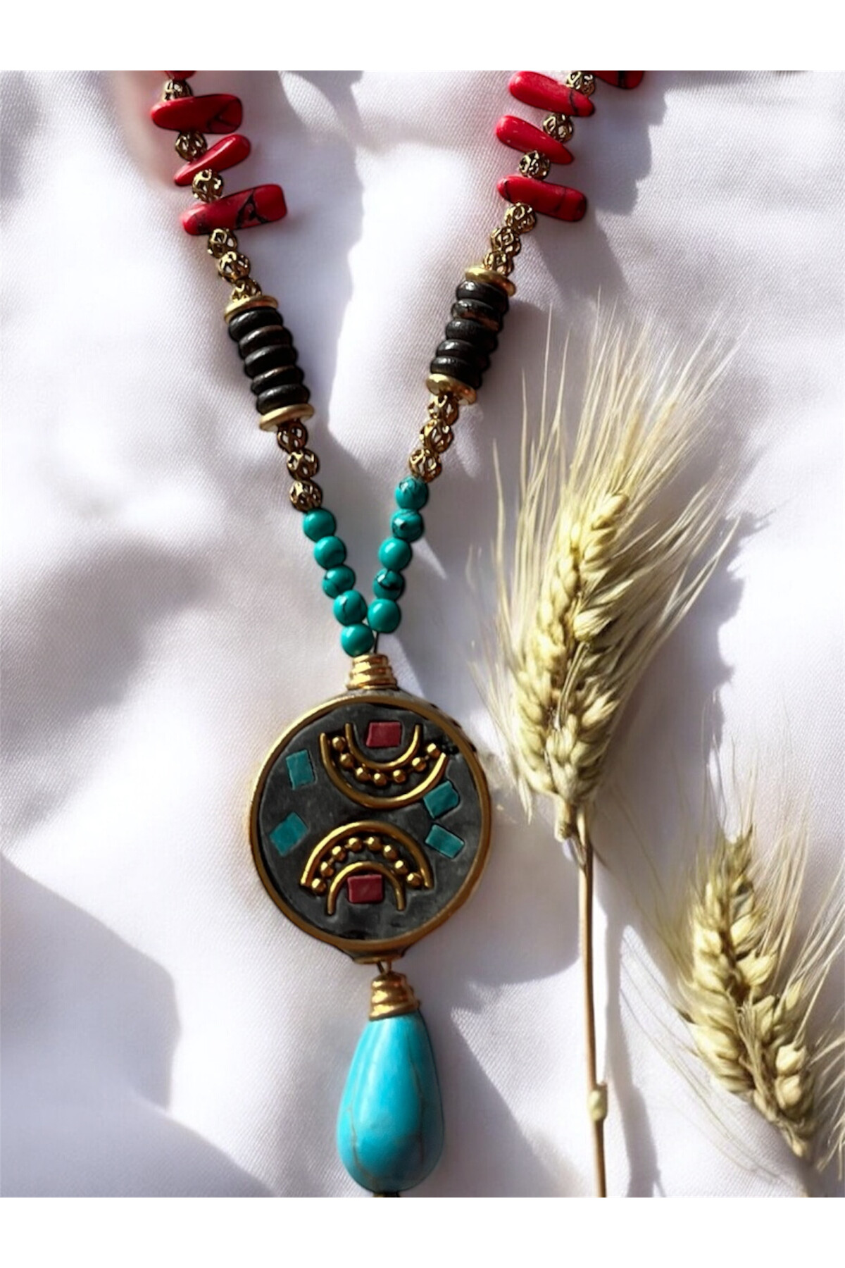 Asuw Doğal Taş Pirinç Cam Etnik Kolye