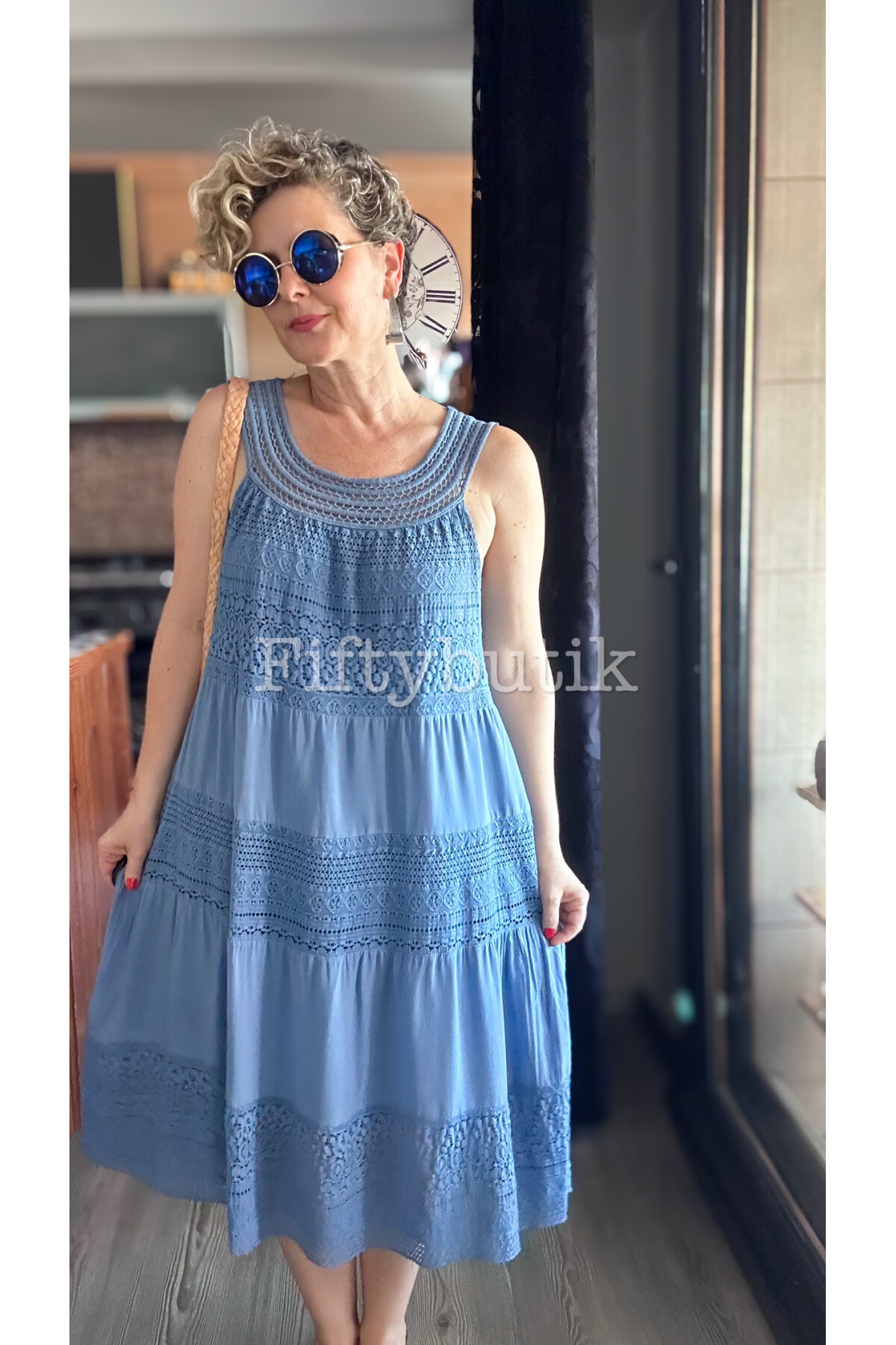 Azur İtalyan Dantel Detay Elbise İndigo Mavi