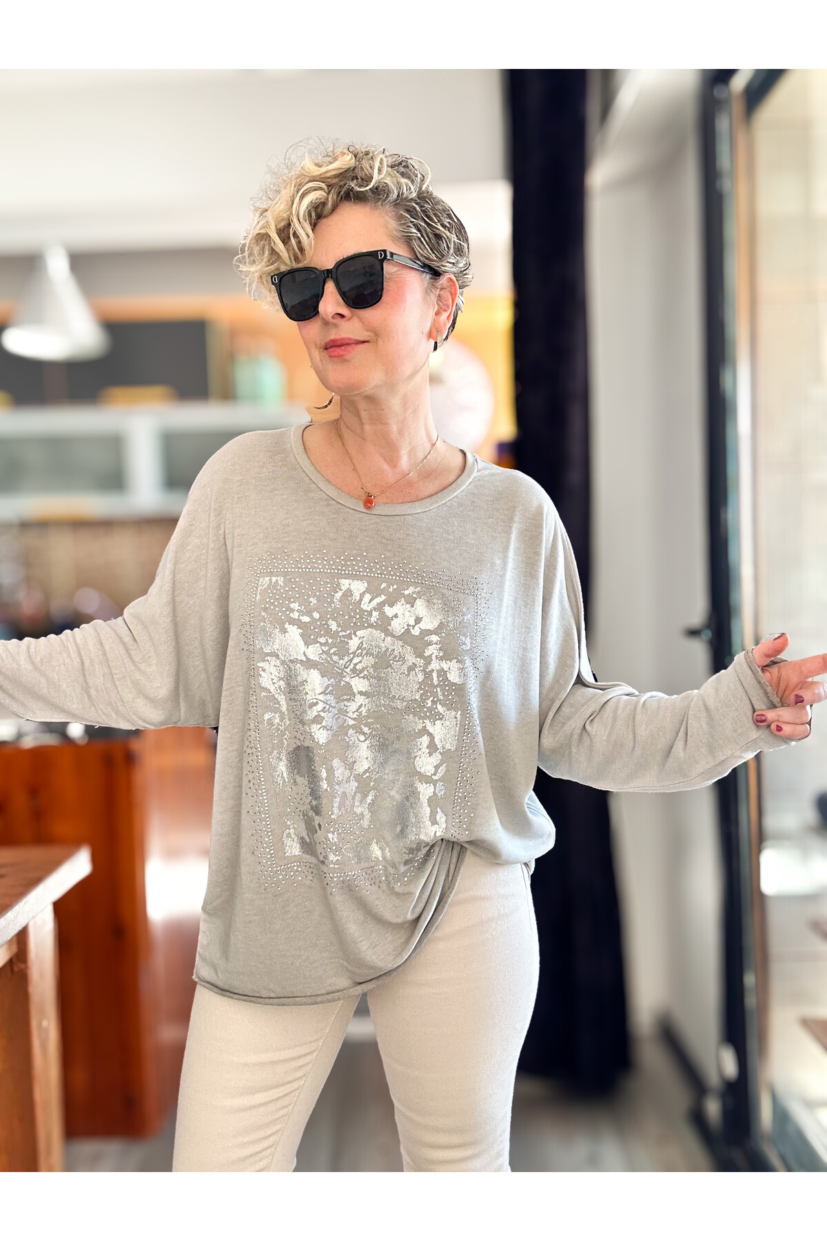 Bellamo İtalyan Kamuflaj Taşlı Triko Tunik Bej