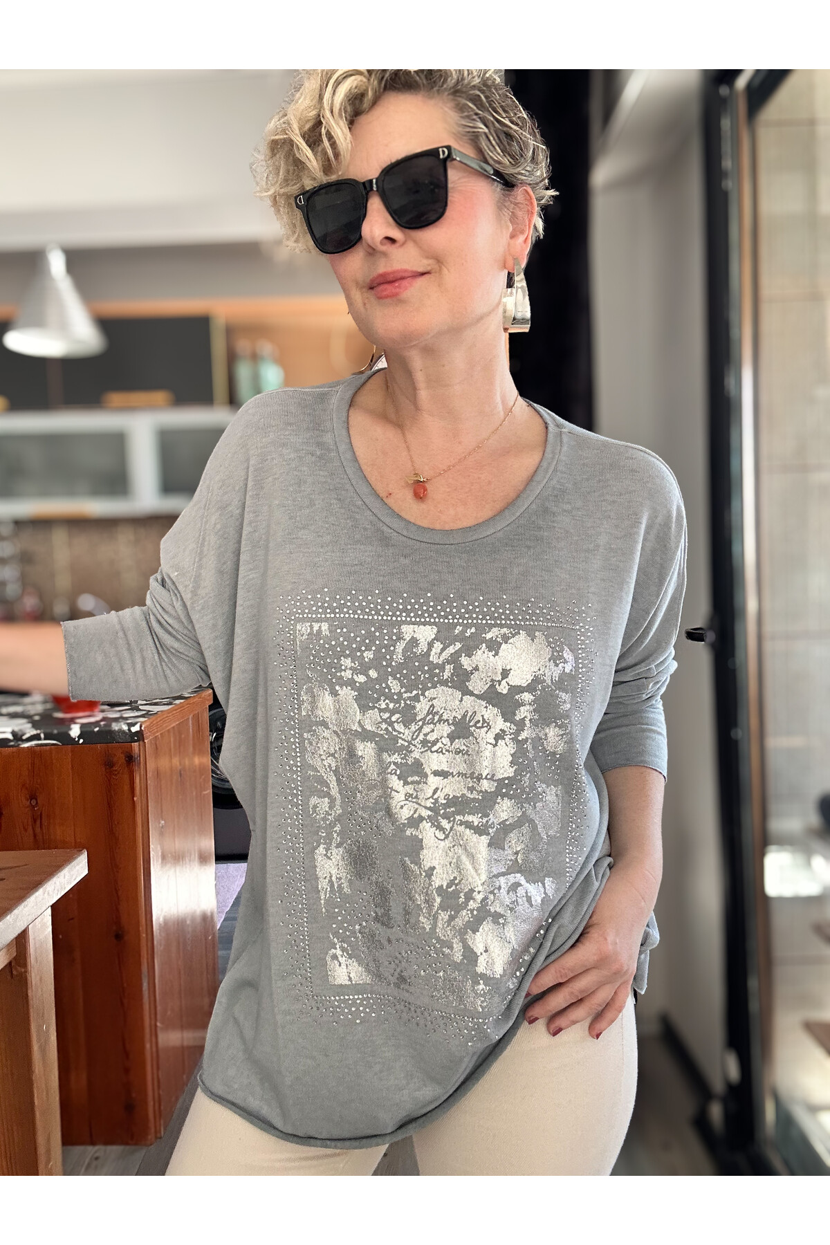 Bellamo İtalyan Kamuflaj Taşlı Triko Tunik Gri