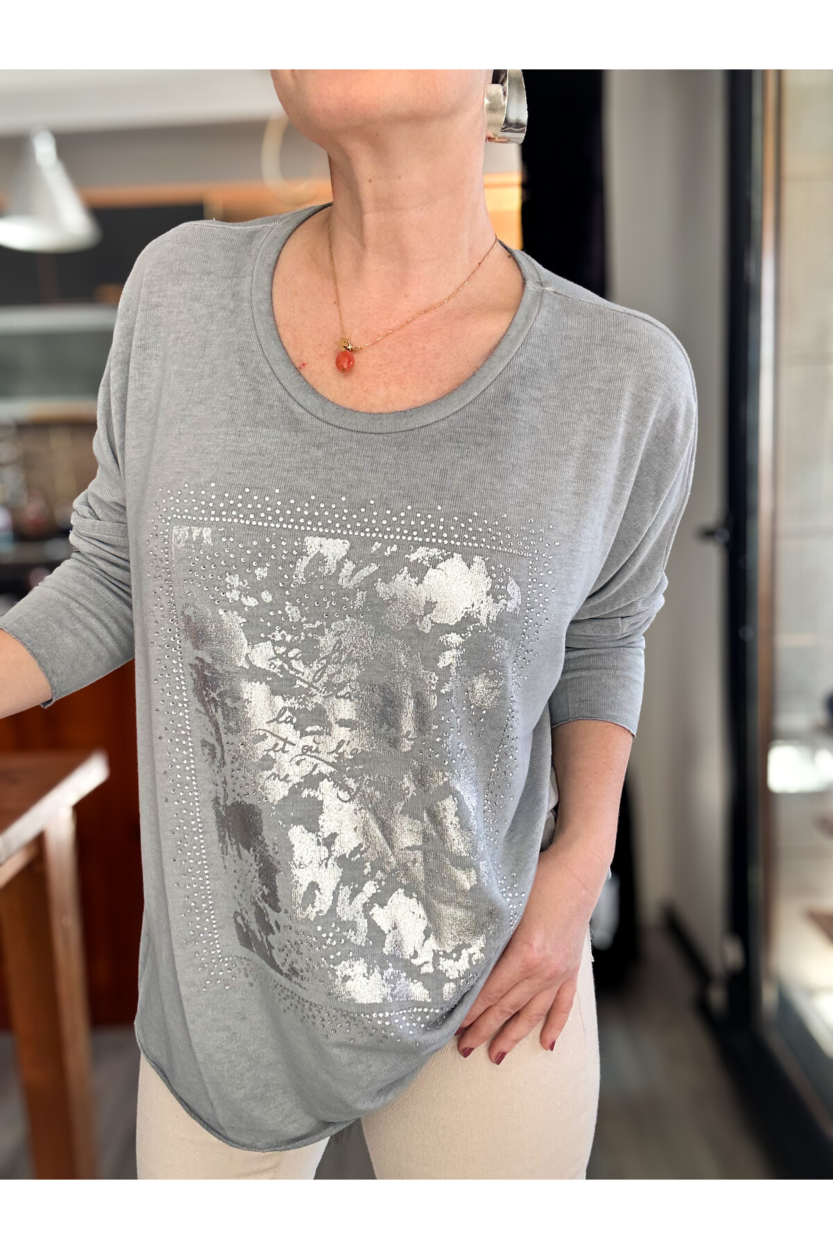 Bellamo İtalyan Kamuflaj Taşlı Triko Tunik Gri