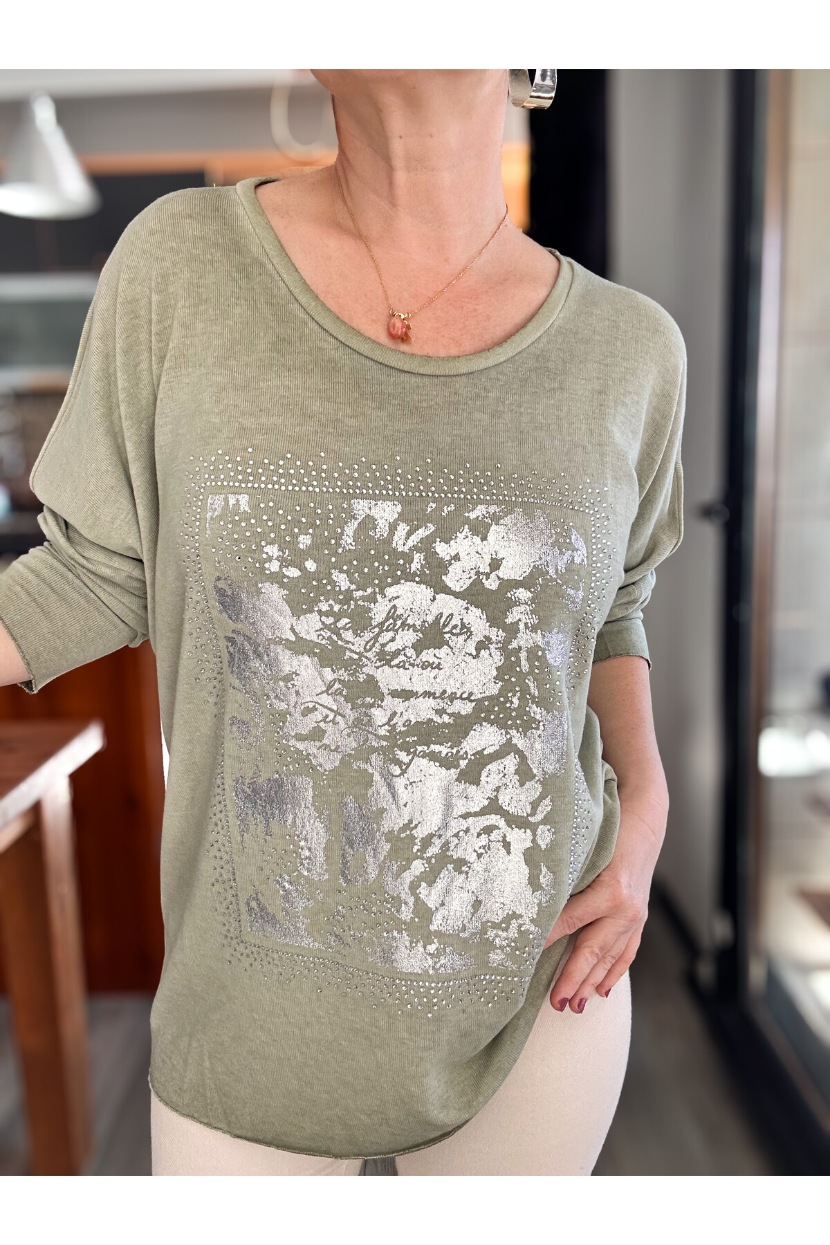 Bellamo İtalyan Kamuflaj Taşlı Triko Tunik Haki