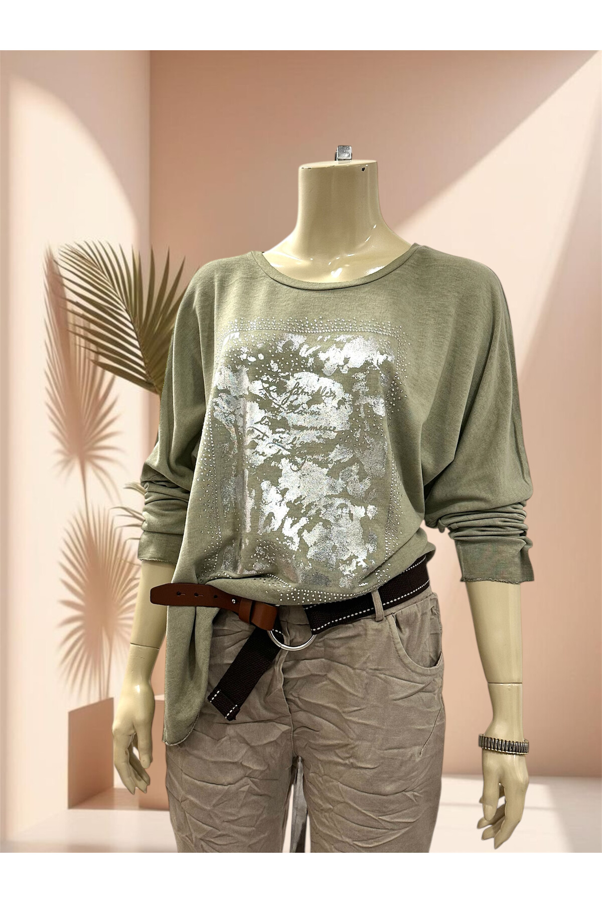 Bellamo İtalyan Kamuflaj Taşlı Triko Tunik Haki